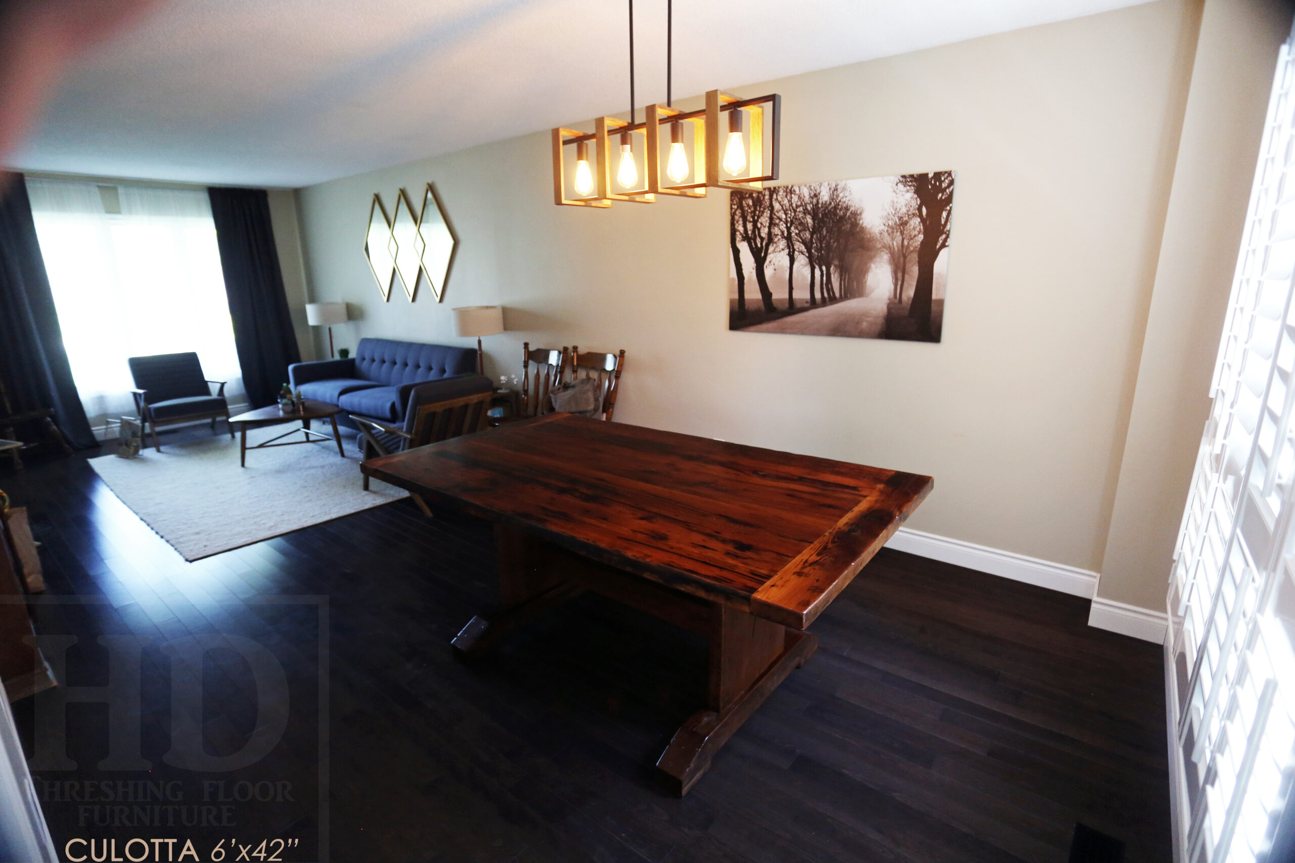 6â€™ Reclaimed Ontario Barnwood Table we made for a Waterdown, Ontario home â€“ Trestle Base [No bottom rail option] - Old Growth Hemlock Threshing Floor Construction â€“ Original edges & distressing maintained â€“Bread Edges - Premium epoxy + satin polyurethane finish - www.table.ca