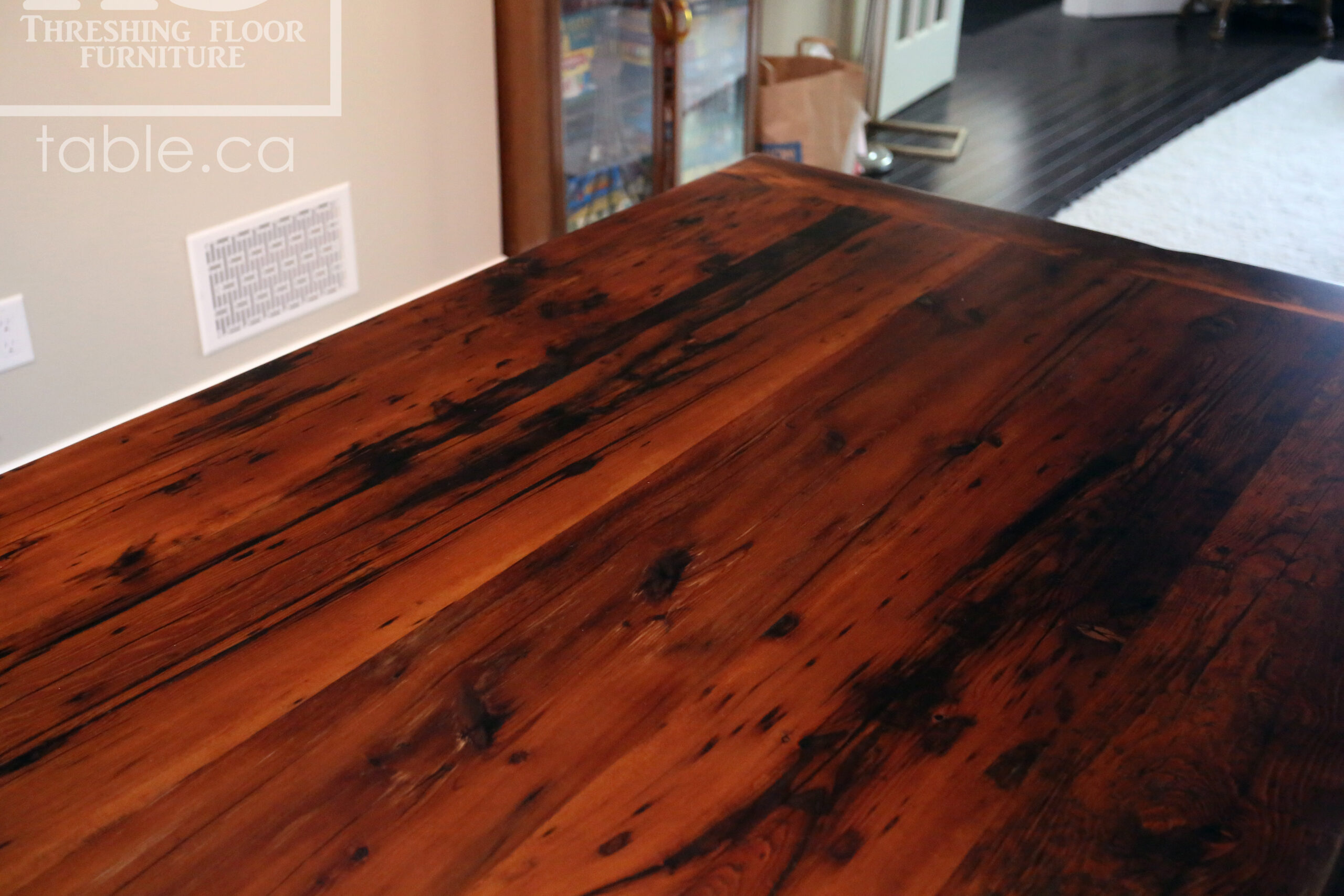 6â€™ Reclaimed Ontario Barnwood Table we made for a Waterdown, Ontario home â€“ Trestle Base [No bottom rail option] - Old Growth Hemlock Threshing Floor Construction â€“ Original edges & distressing maintained â€“Bread Edges - Premium epoxy + satin polyurethane finish - www.table.ca