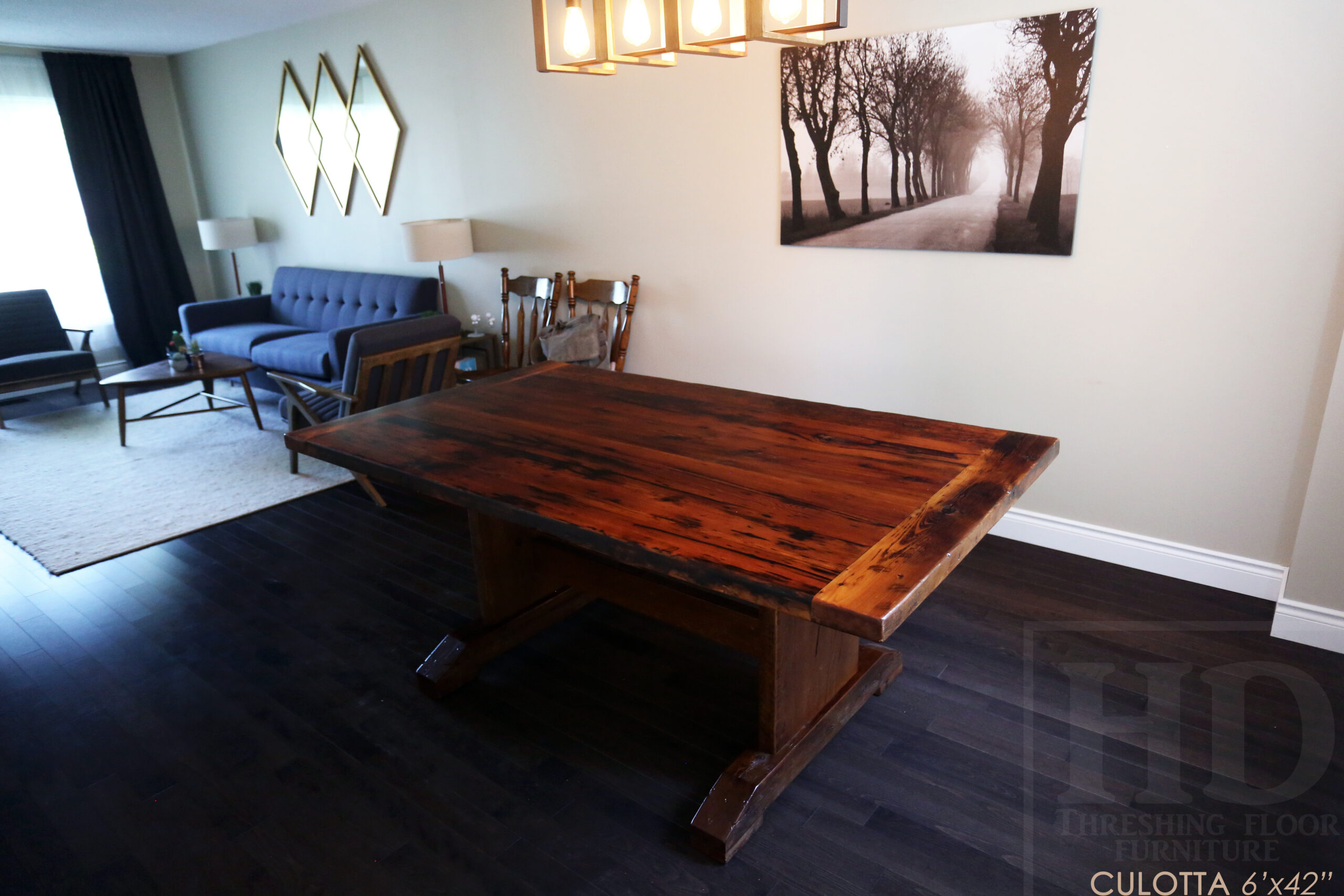 6â€™ Reclaimed Ontario Barnwood Table we made for a Waterdown, Ontario home â€“ Trestle Base [No bottom rail option] - Old Growth Hemlock Threshing Floor Construction â€“ Original edges & distressing maintained â€“Bread Edges - Premium epoxy + satin polyurethane finish - www.table.ca