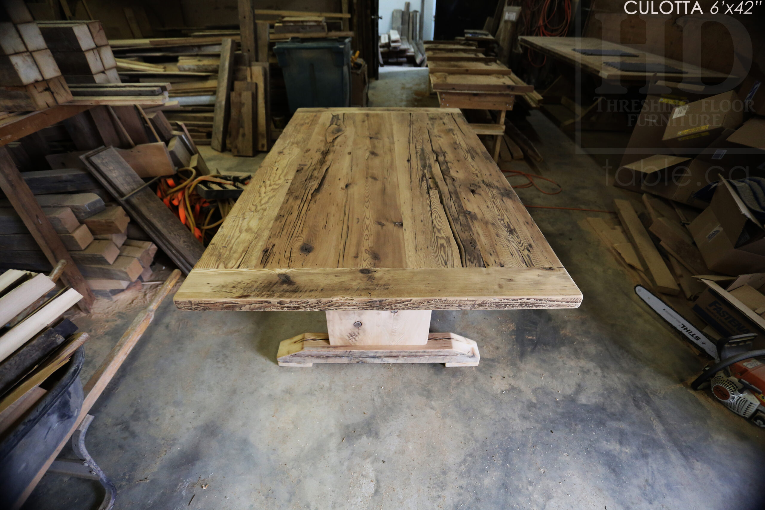 6â€™ Reclaimed Ontario Barnwood Table we made for a Waterdown, Ontario home â€“ Trestle Base [No bottom rail option] - Old Growth Hemlock Threshing Floor Construction â€“ Original edges & distressing maintained â€“Bread Edges - Premium epoxy + satin polyurethane finish - www.table.ca