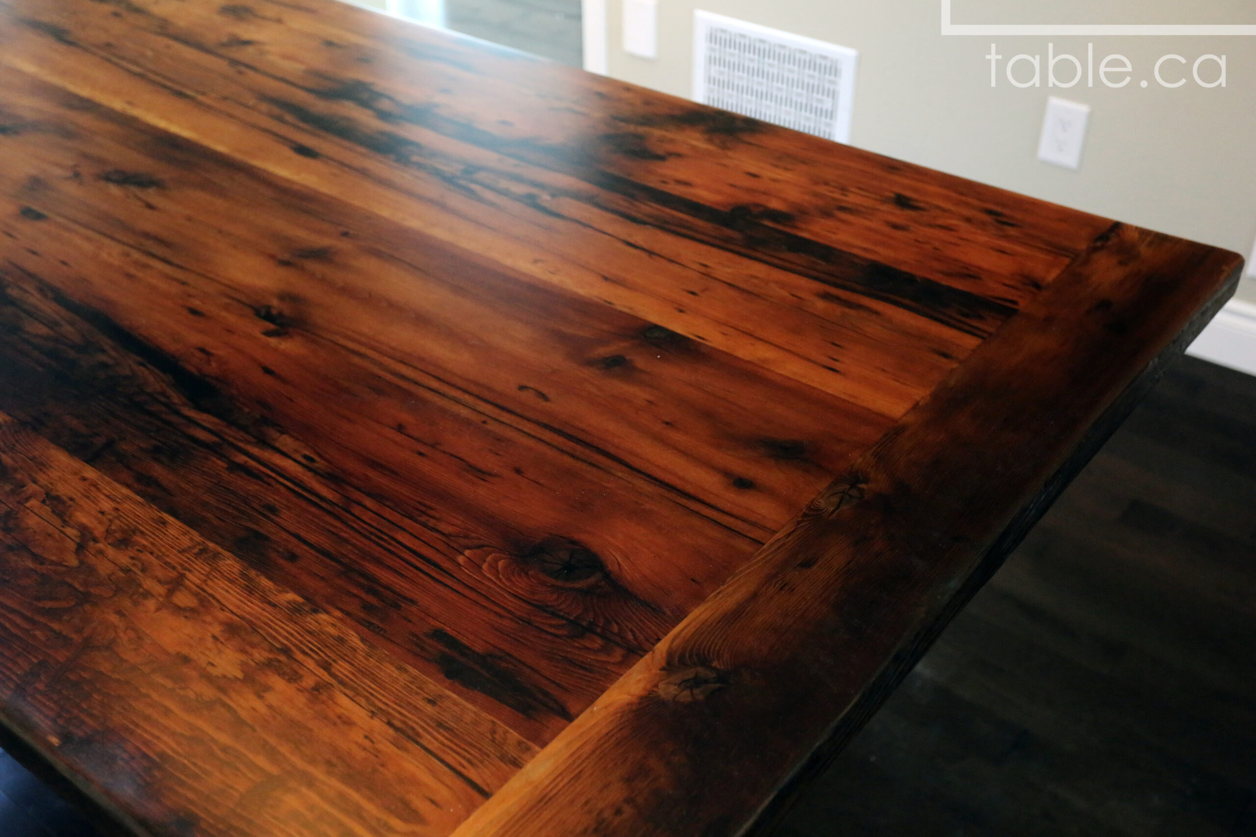 6â€™ Reclaimed Ontario Barnwood Table we made for a Waterdown, Ontario home â€“ Trestle Base [No bottom rail option] - Old Growth Hemlock Threshing Floor Construction â€“ Original edges & distressing maintained â€“Bread Edges - Premium epoxy + satin polyurethane finish - www.table.ca