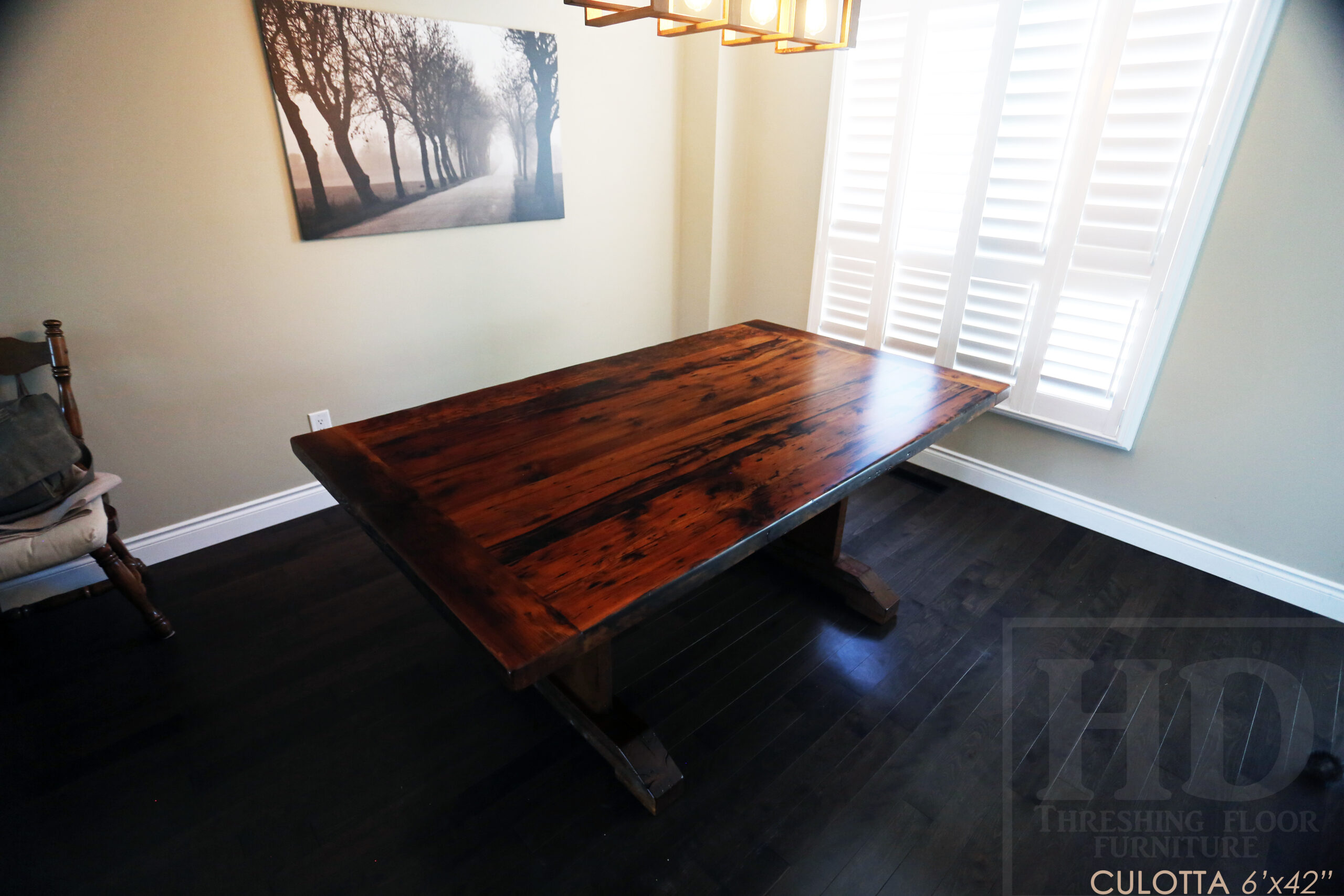 6â€™ Reclaimed Ontario Barnwood Table we made for a Waterdown, Ontario home â€“ Trestle Base [No bottom rail option] - Old Growth Hemlock Threshing Floor Construction â€“ Original edges & distressing maintained â€“Bread Edges - Premium epoxy + satin polyurethane finish - www.table.ca