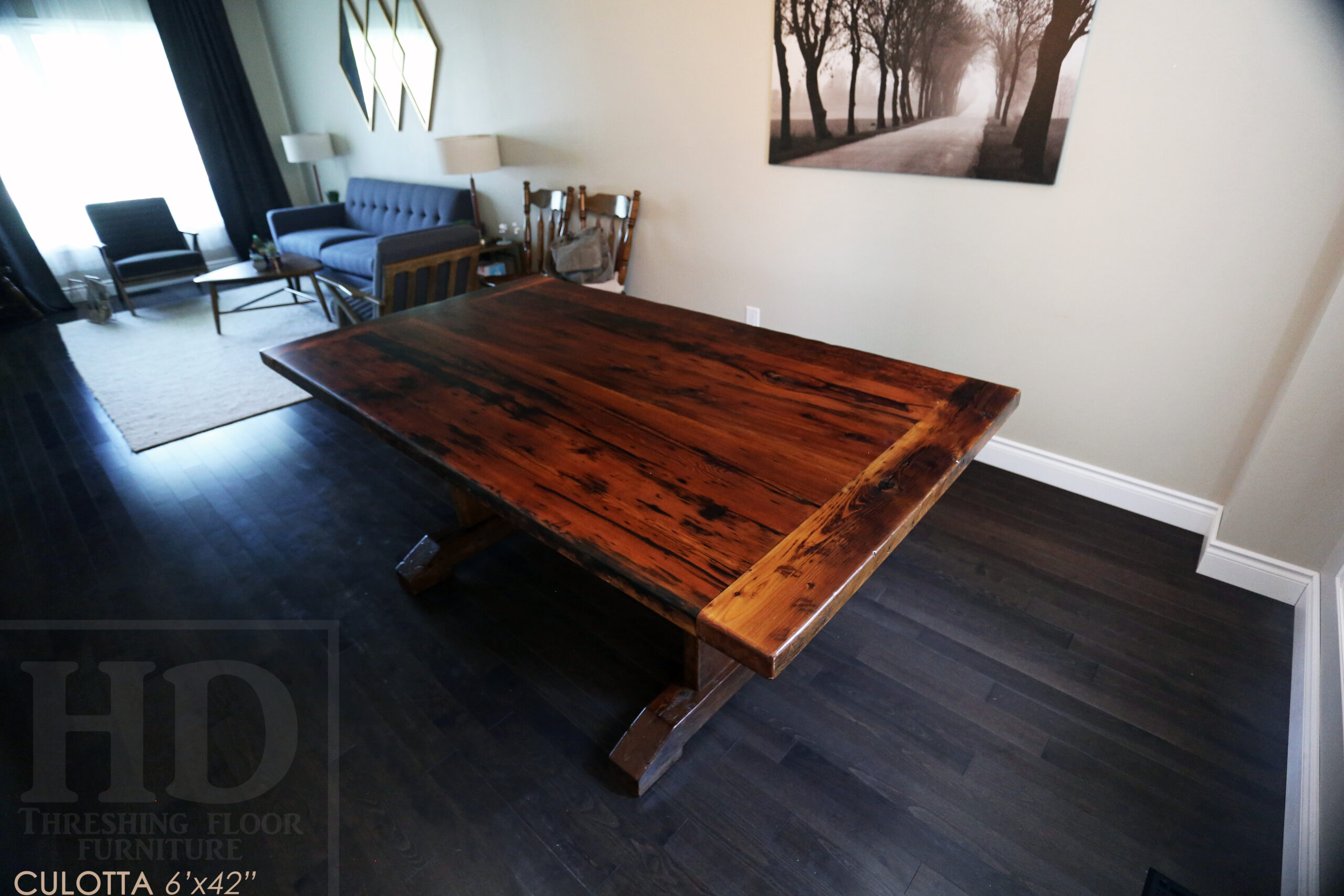 6â€™ Reclaimed Ontario Barnwood Table we made for a Waterdown, Ontario home â€“ Trestle Base [No bottom rail option] - Old Growth Hemlock Threshing Floor Construction â€“ Original edges & distressing maintained â€“Bread Edges - Premium epoxy + satin polyurethane finish - www.table.ca