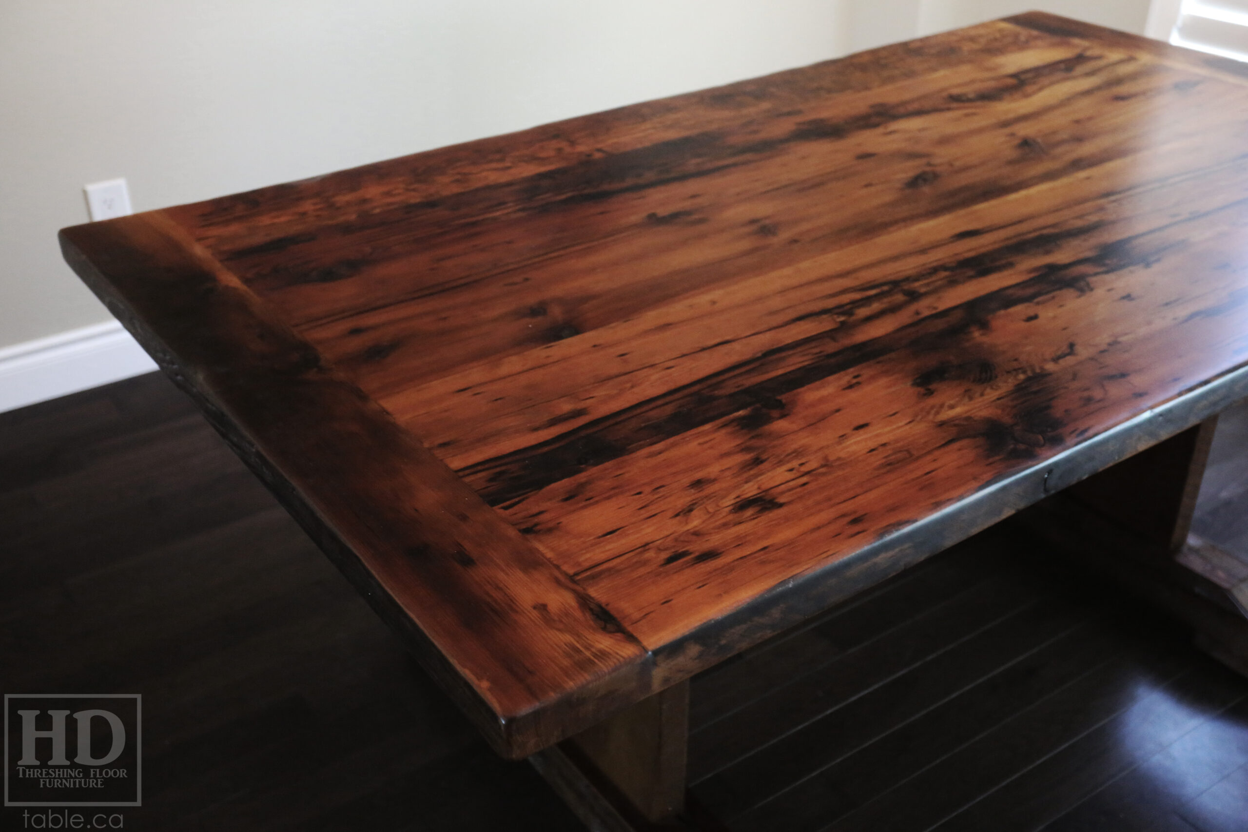 6â€™ Reclaimed Ontario Barnwood Table we made for a Waterdown, Ontario home â€“ Trestle Base [No bottom rail option] - Old Growth Hemlock Threshing Floor Construction â€“ Original edges & distressing maintained â€“Bread Edges - Premium epoxy + satin polyurethane finish - www.table.ca