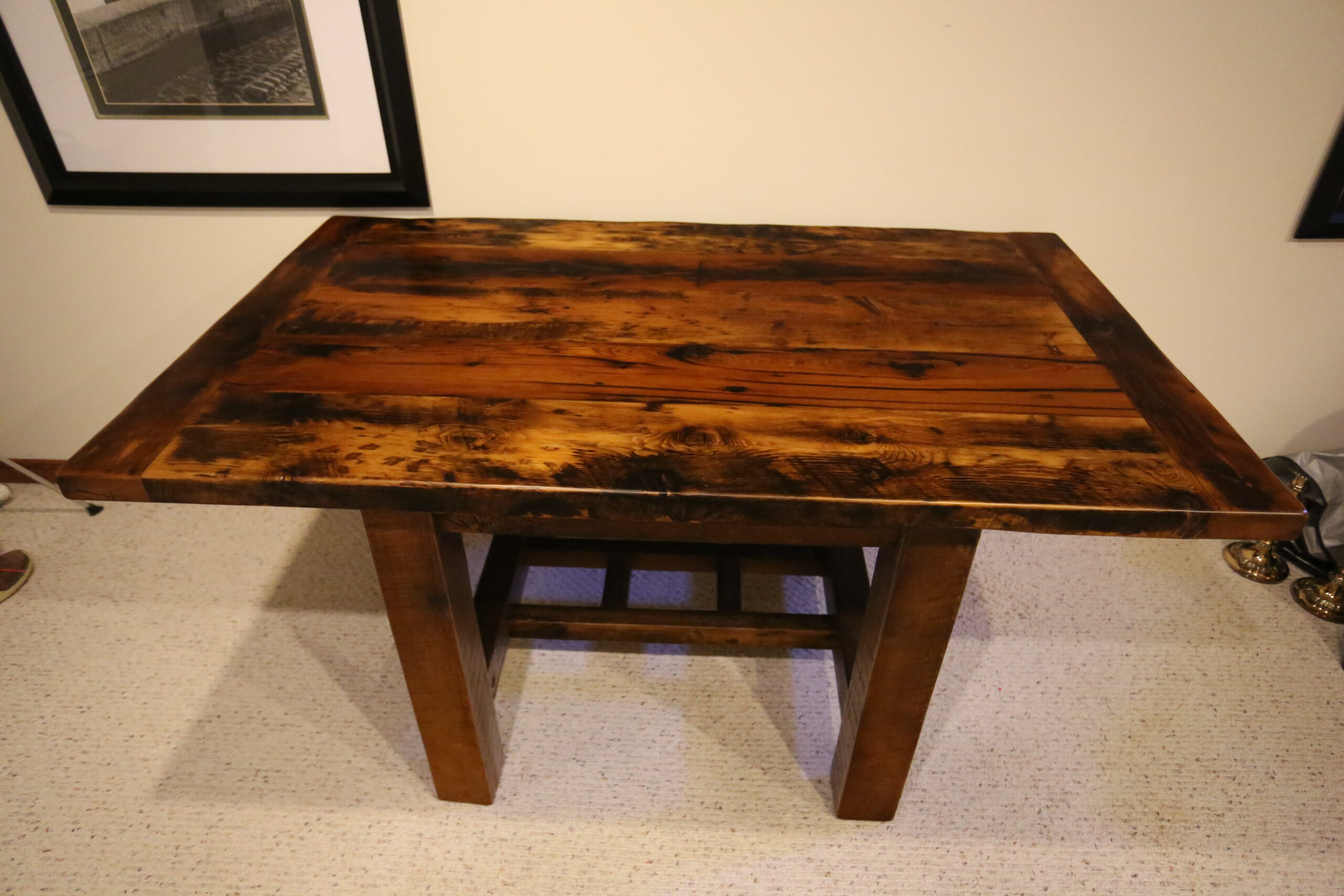 Project details: 5 ft Reclaimed Ontario Barnwood Desk we made for a Thornhill, Ontario home - 36" wide – Frame Base - Old Growth Hemlock Threshing Floor Construction – Bread edge Ends - Original edges & distressing maintained - Premium epoxy + satin polyurethane finish - www.table.ca
