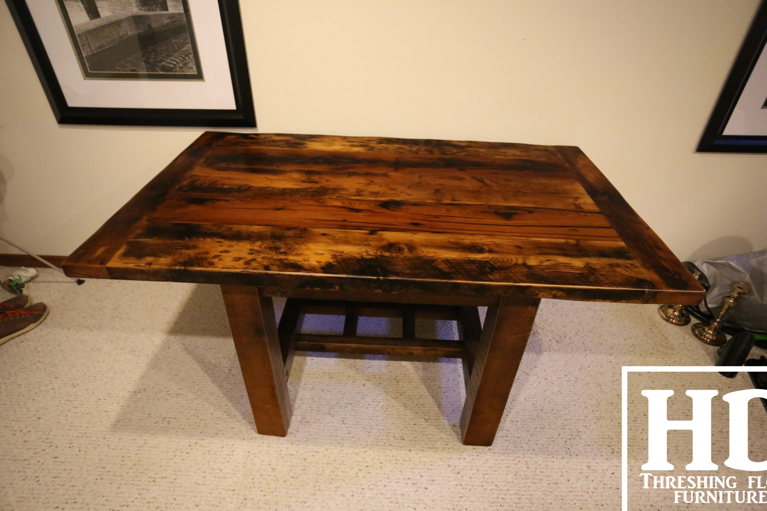 Project details: 5 ft Reclaimed Ontario Barnwood Desk we made for a Thornhill, Ontario home - 36" wide – Frame Base - Old Growth Hemlock Threshing Floor Construction – Bread edge Ends - Original edges & distressing maintained - Premium epoxy + satin polyurethane finish - www.table.ca