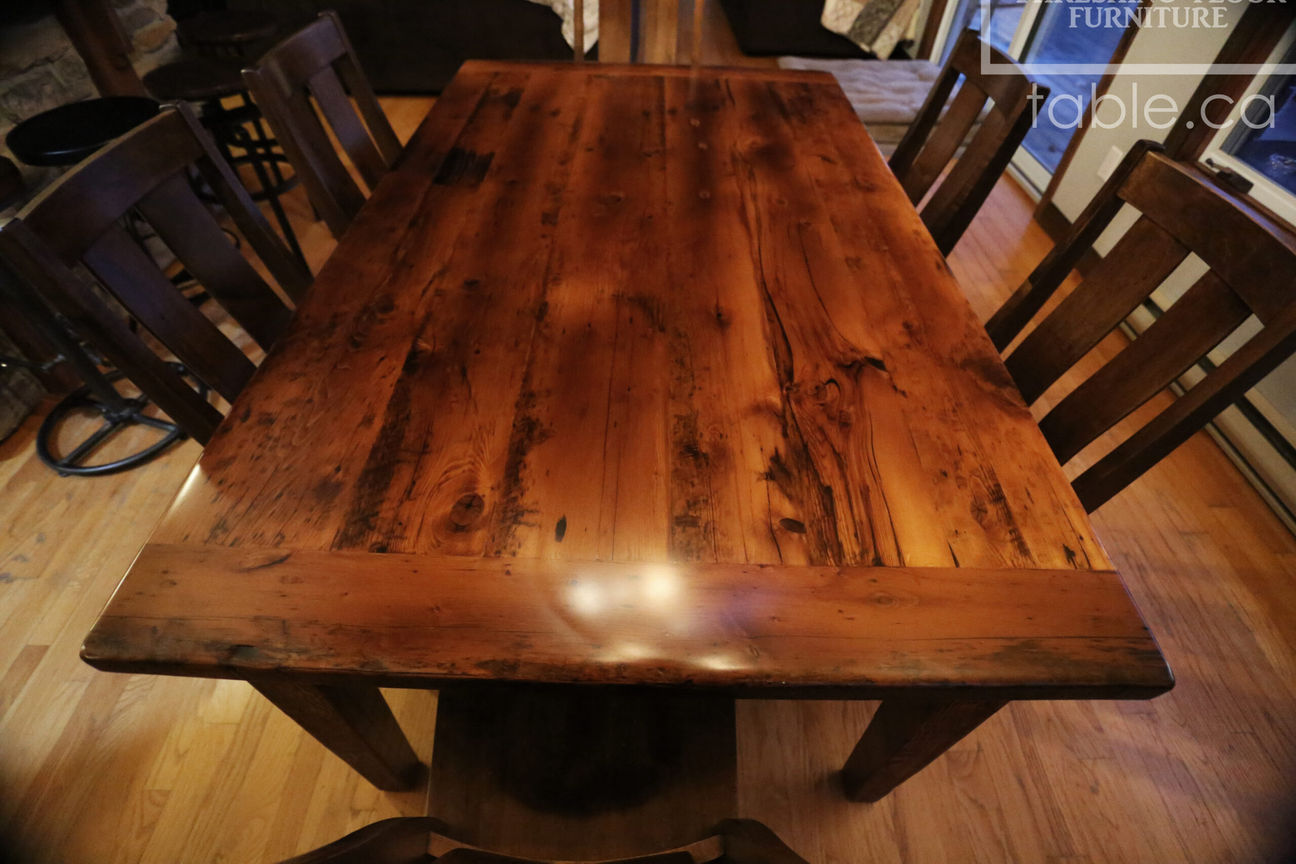 Project details: 70” Reclaimed Ontario Barnwood Table we made for a Sudbury, Ontario home - 42" wide – Harvest Base: Tapered [no notch] Windbrace Beam Legs - Old Growth Hemlock Threshing Floor Construction – Bread edge Ends - Original edges & distressing maintained - Premium epoxy + satin polyurethane finish – One 18” Leaf Extension – 6 Eastbrook Chairs / Wormy Maple / Polyurethane clearcoat finish - www.table.ca