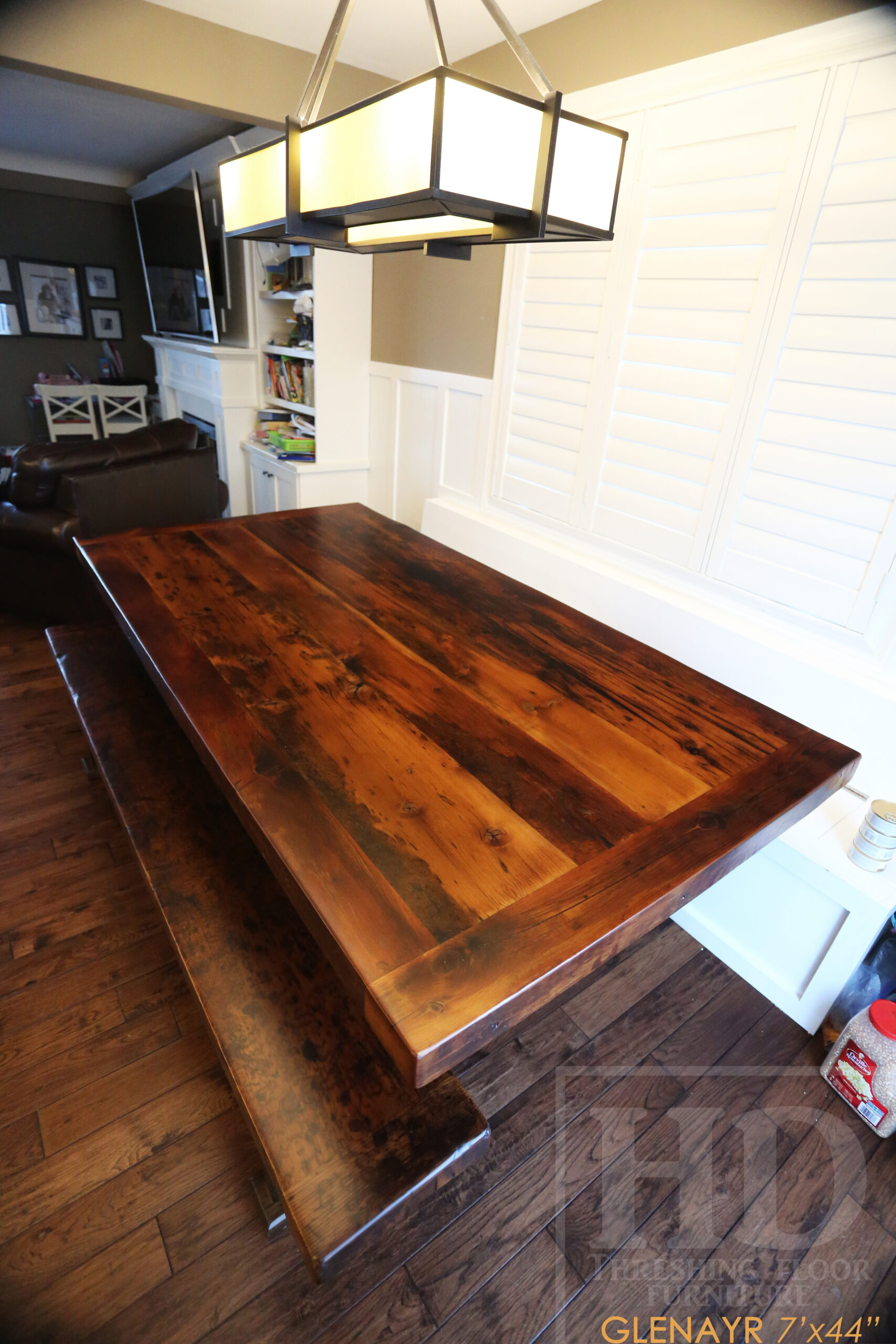 Project details: 7' Reclaimed Ontario Barnwood Table we made for a Welland, Ontario home - 44" wide – Beam Option Sawbuck Base – Extra Thick 3” Joist Material Top - Reclaimed Old Growth Hemlock Threshing Floor Construction – Bread edge Ends - Original edges & distressing maintained - Premium epoxy + satin polyurethane finish – 7’ [matching] Trestle Bench – 2 Strongback Chairs / Wormy Maple / Polyurethane Clearcoat Finish - www.table.ca