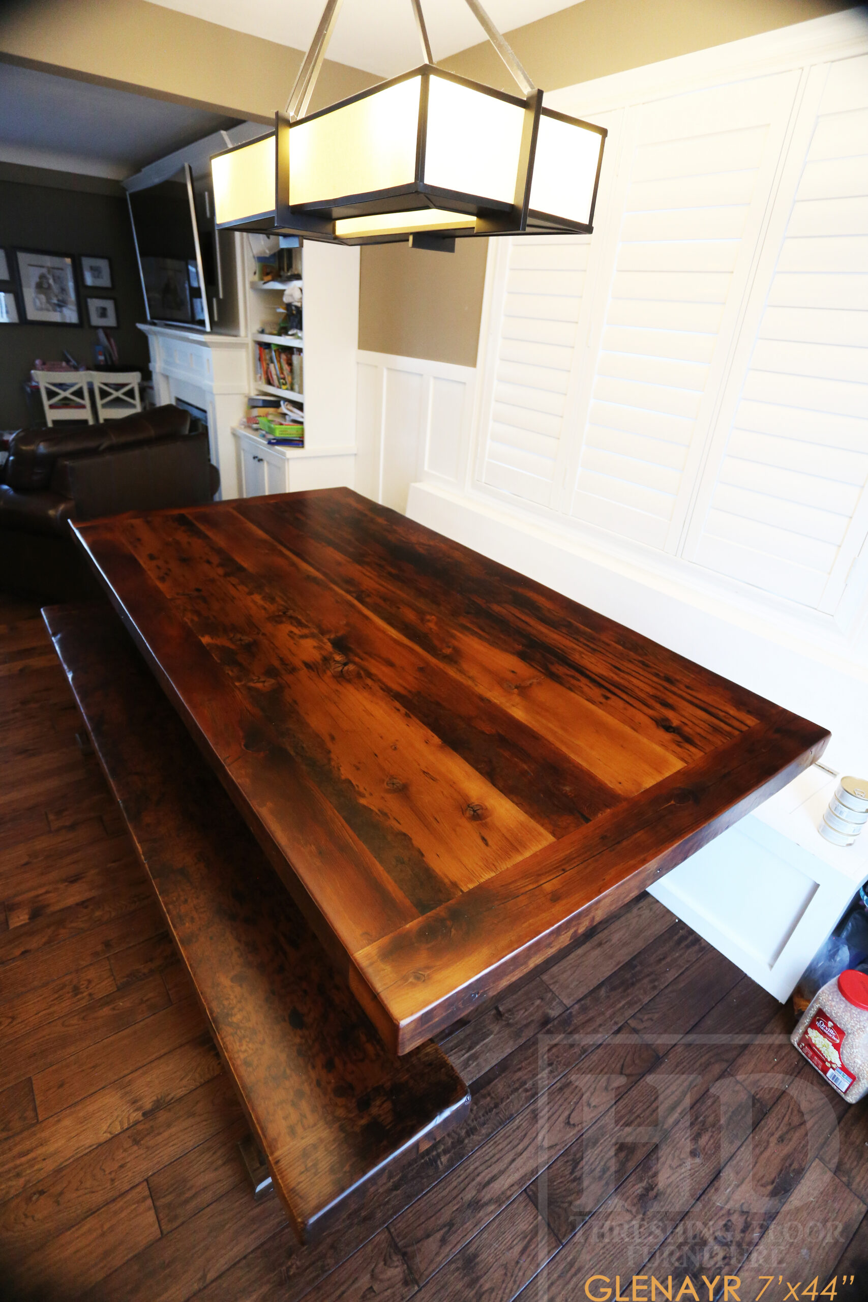 Project details: 7' Reclaimed Ontario Barnwood Table we made for a Welland, Ontario home - 44" wide – Beam Option Sawbuck Base – Extra Thick 3” Joist Material Top - Reclaimed Old Growth Hemlock Threshing Floor Construction – Bread edge Ends - Original edges & distressing maintained - Premium epoxy + satin polyurethane finish – 7’ [matching] Trestle Bench – 2 Strongback Chairs / Wormy Maple / Polyurethane Clearcoat Finish - www.table.ca