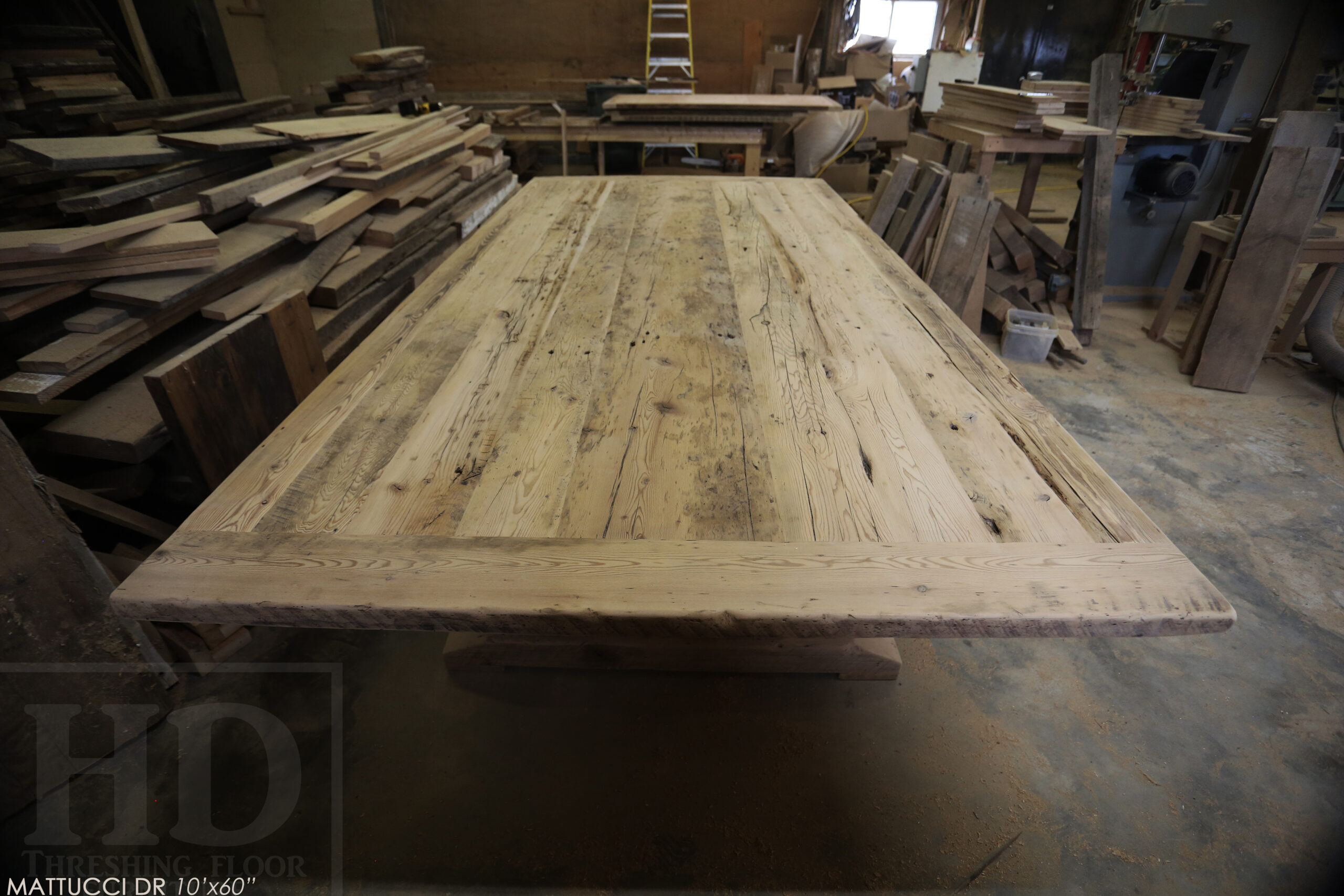 Project details: 10' Ontario Barnwood Table we made for a Woodbridge, Ontario home - 60" wide – Trestle Base – Reclaimed Old Growth Hemlock Threshing Floor Construction / Minimal Sanding out of Original Patina – Original edges & distressing maintained – Premium epoxy + matte polyurethane finish - www.table.ca