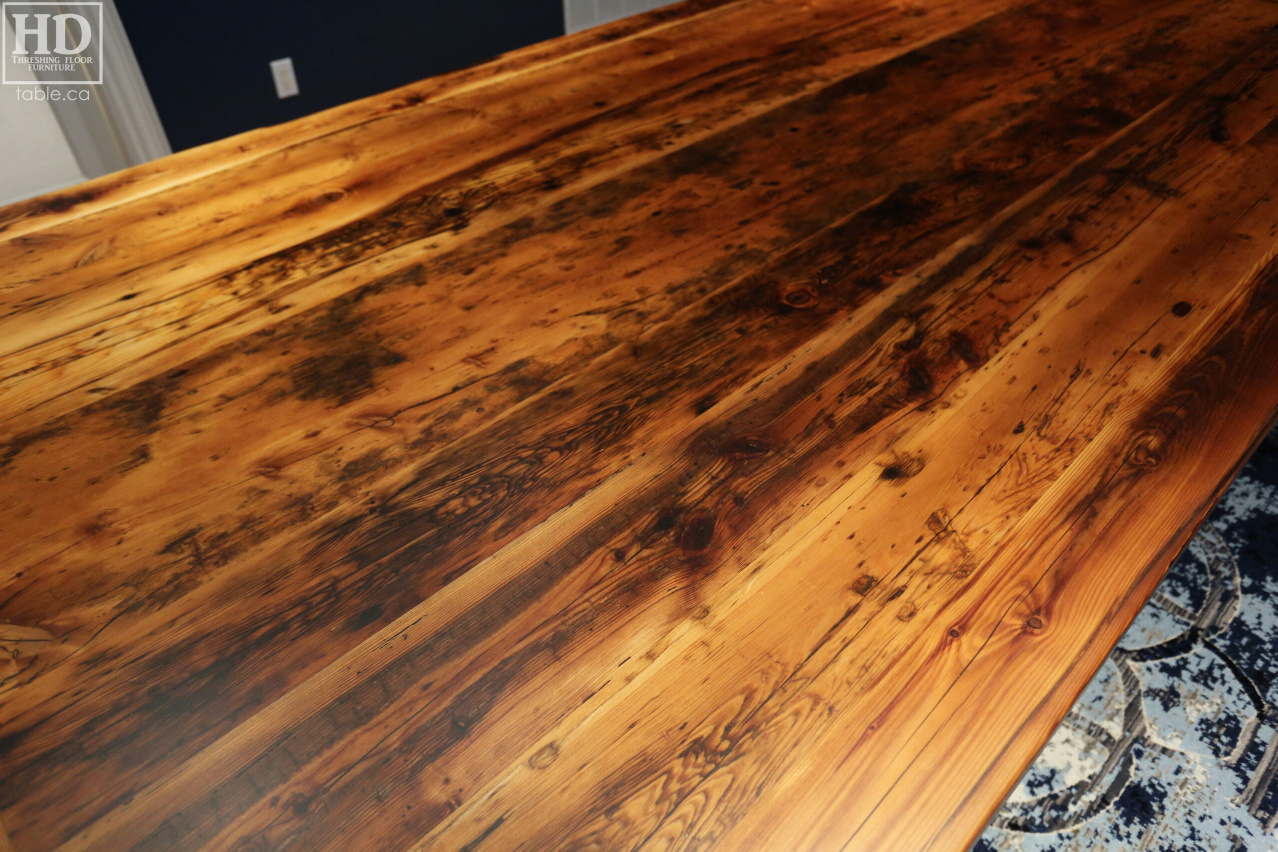 Project details: 10' Ontario Barnwood Table we made for a Woodbridge, Ontario home - 60" wide â€“ Trestle Base â€“ Reclaimed Old Growth Hemlock Threshing Floor Construction / Minimal Sanding out of Original Patina â€“ Original edges & distressing maintained â€“ Premium epoxy + matte polyurethane finish - www.table.ca