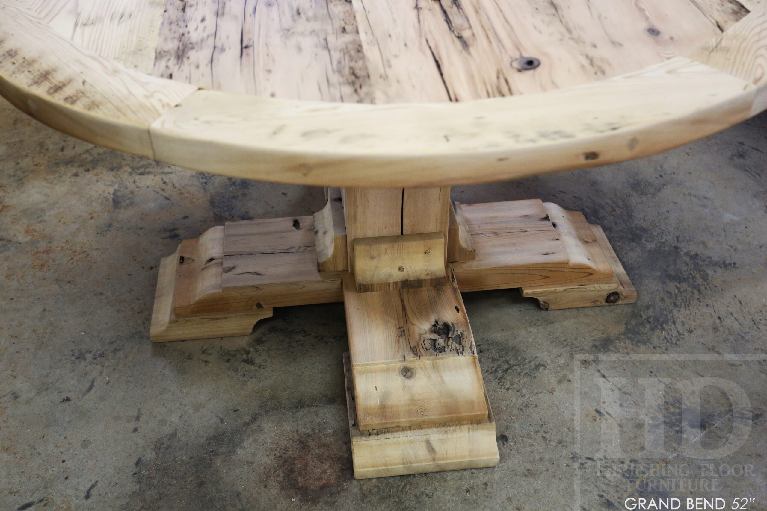 54" Round Ontario Barnwood Table - Hemlock Threshing Floor 2" Top - Customized Pedestal Base / Painted Black with Sandthroughs - Original edges & distressing maintained - Greytone Treatment Option - Premium epoxy + satin polyurethane finish - www.table.ca