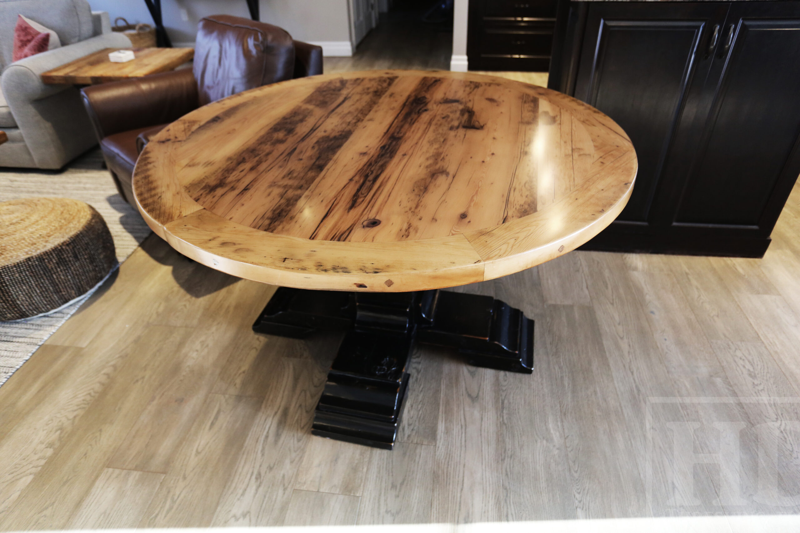 54" Round Ontario Barnwood Table - Hemlock Threshing Floor 2" Top - Customized Pedestal Base / Painted Black with Sandthroughs - Original edges & distressing maintained - Greytone Treatment Option - Premium epoxy + satin polyurethane finish - www.table.ca