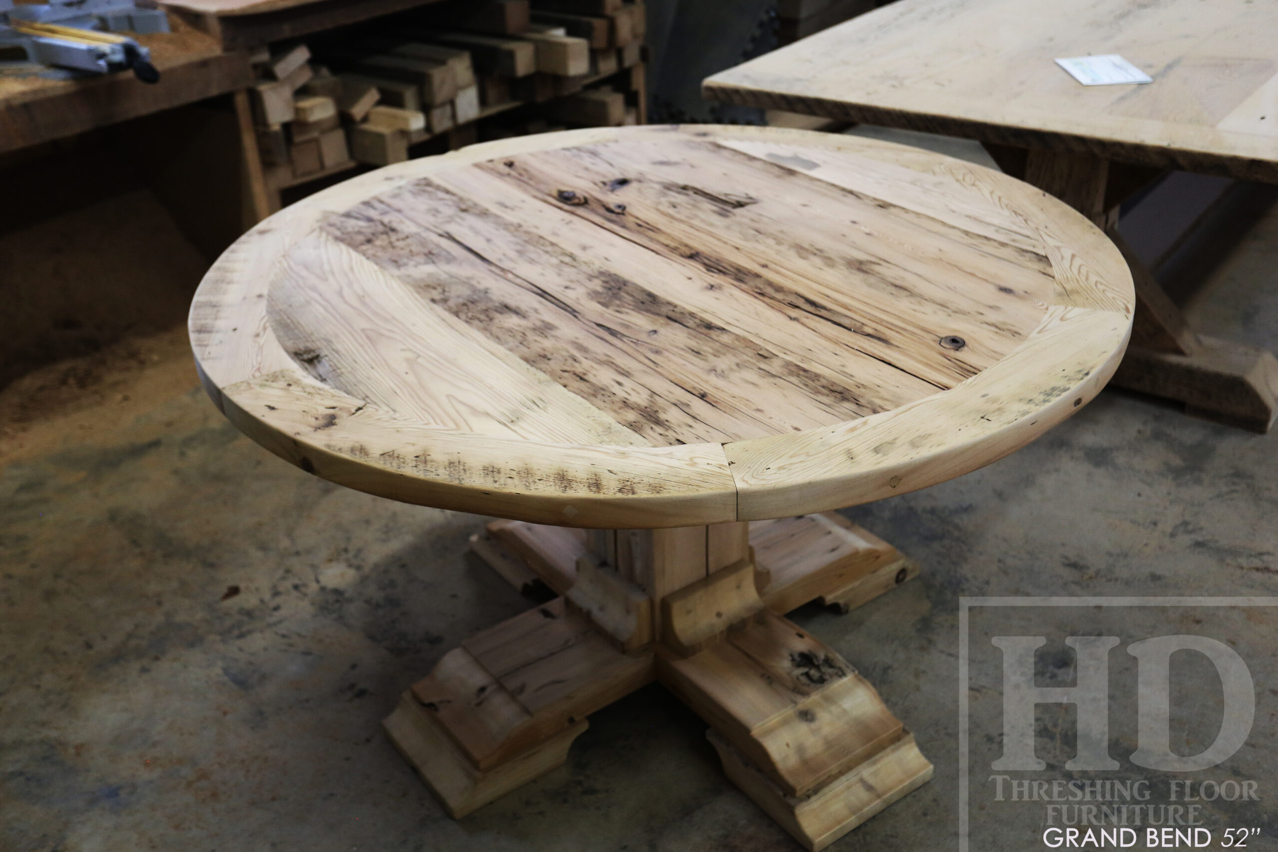 54" Round Ontario Barnwood Table - Hemlock Threshing Floor 2" Top - Customized Pedestal Base / Painted Black with Sandthroughs - Original edges & distressing maintained - Greytone Treatment Option - Premium epoxy + satin polyurethane finish - www.table.ca