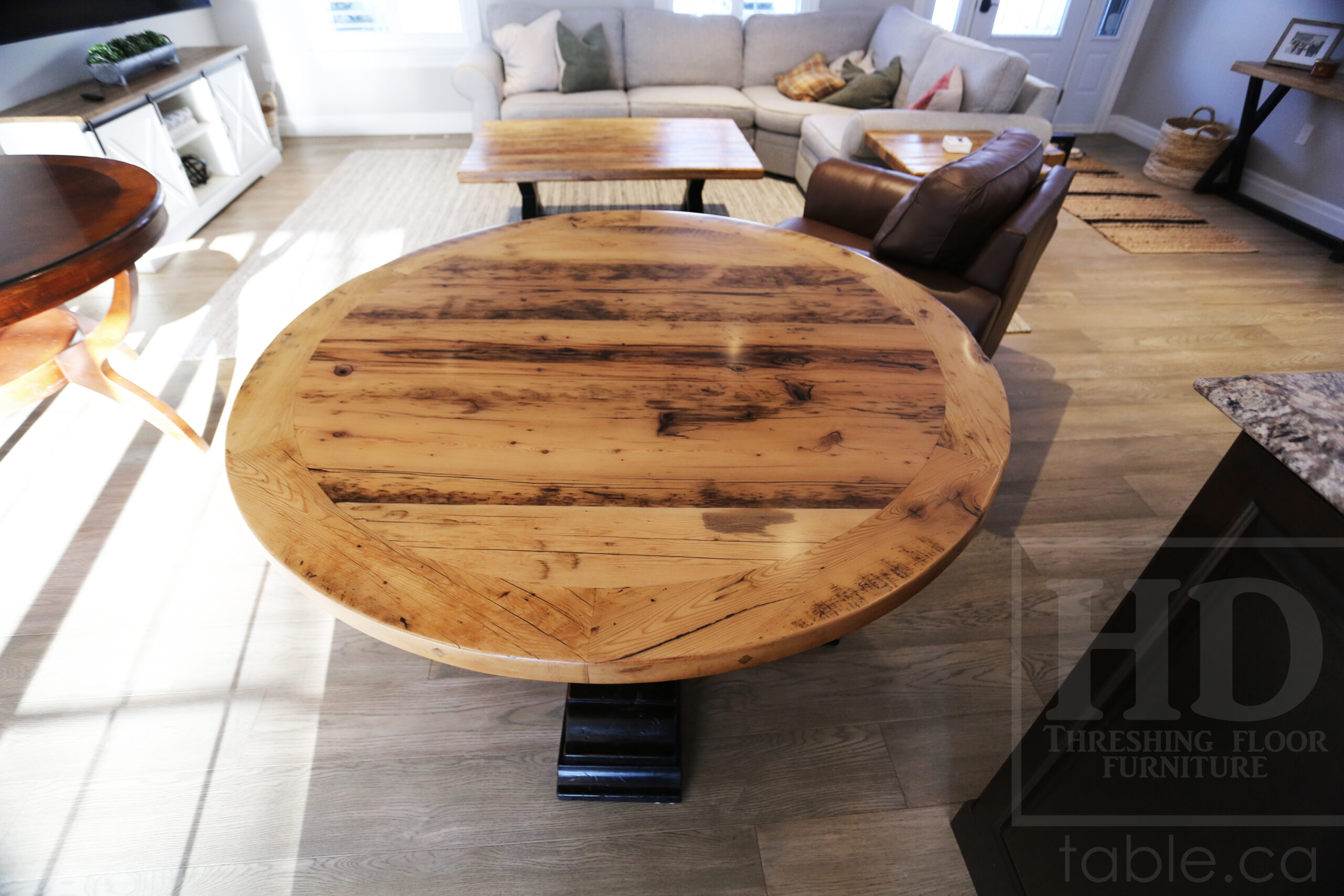 54" Round Ontario Barnwood Table - Hemlock Threshing Floor 2" Top - Customized Pedestal Base / Painted Black with Sandthroughs - Original edges & distressing maintained - Greytone Treatment Option - Premium epoxy + satin polyurethane finish - www.table.ca