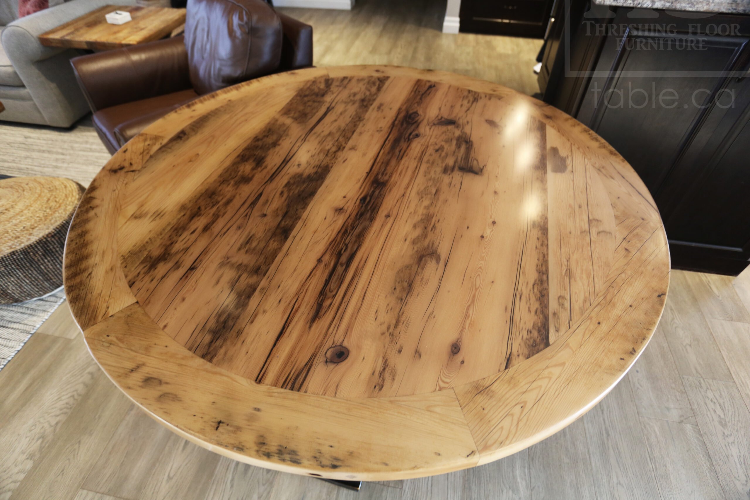 54" Round Ontario Barnwood Table - Hemlock Threshing Floor 2" Top - Customized Pedestal Base / Painted Black with Sandthroughs - Original edges & distressing maintained - Greytone Treatment Option - Premium epoxy + satin polyurethane finish - www.table.ca