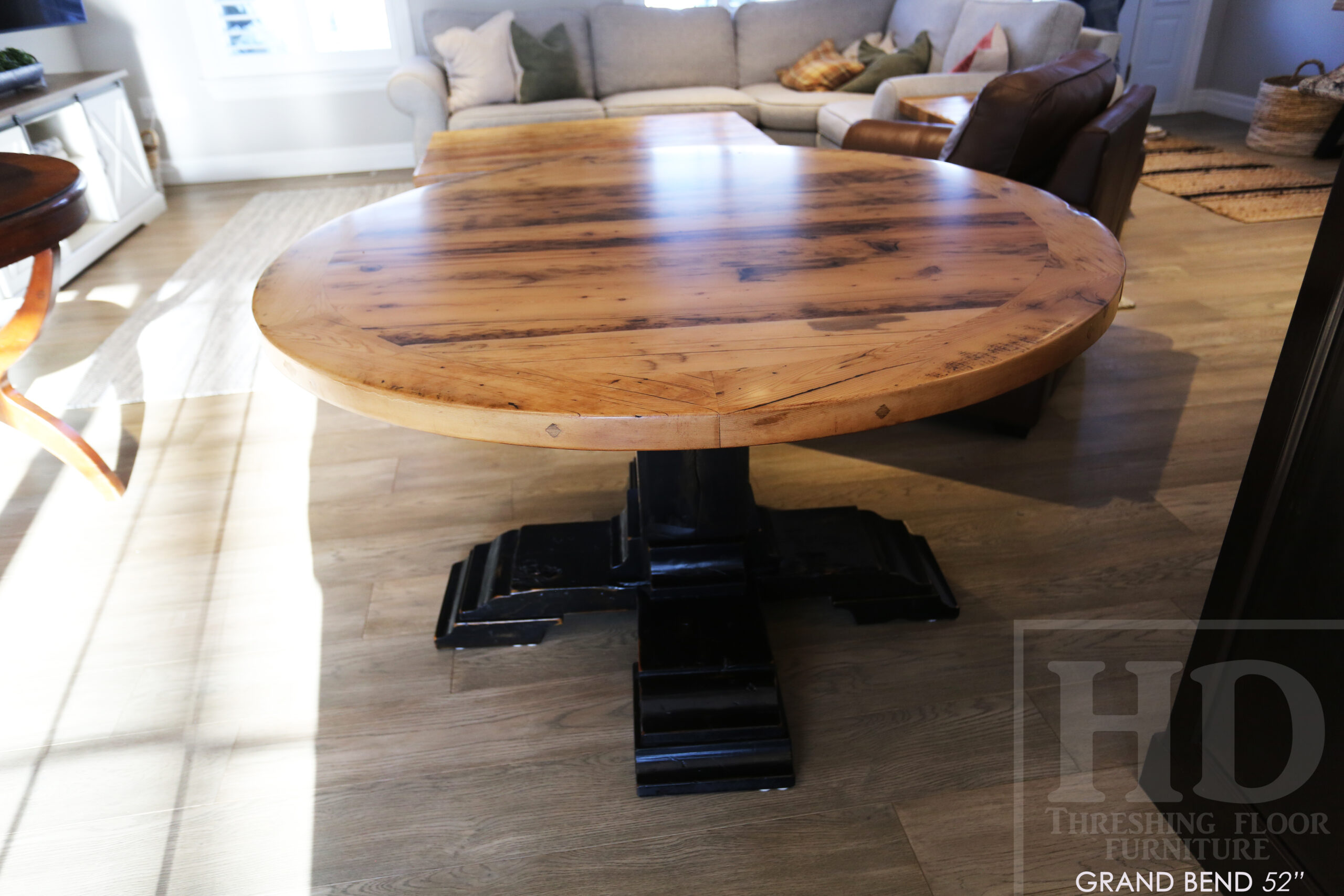 54" Round Ontario Barnwood Table - Hemlock Threshing Floor 2" Top - Customized Pedestal Base / Painted Black with Sandthroughs - Original edges & distressing maintained - Greytone Treatment Option - Premium epoxy + satin polyurethane finish - www.table.ca