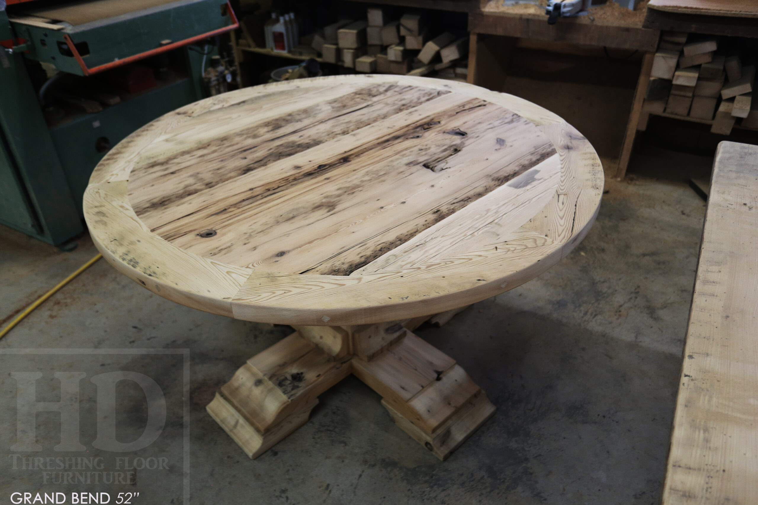 54" Round Ontario Barnwood Table - Hemlock Threshing Floor 2" Top - Customized Pedestal Base / Painted Black with Sandthroughs - Original edges & distressing maintained - Greytone Treatment Option - Premium epoxy + satin polyurethane finish - www.table.ca