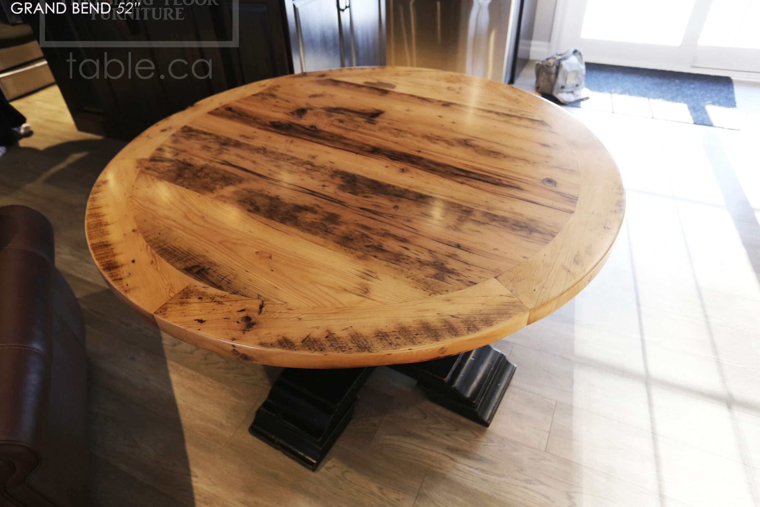 54" Round Ontario Barnwood Table - Hemlock Threshing Floor 2" Top - Customized Pedestal Base / Painted Black with Sandthroughs - Original edges & distressing maintained - Greytone Treatment Option - Premium epoxy + satin polyurethane finish - www.table.ca