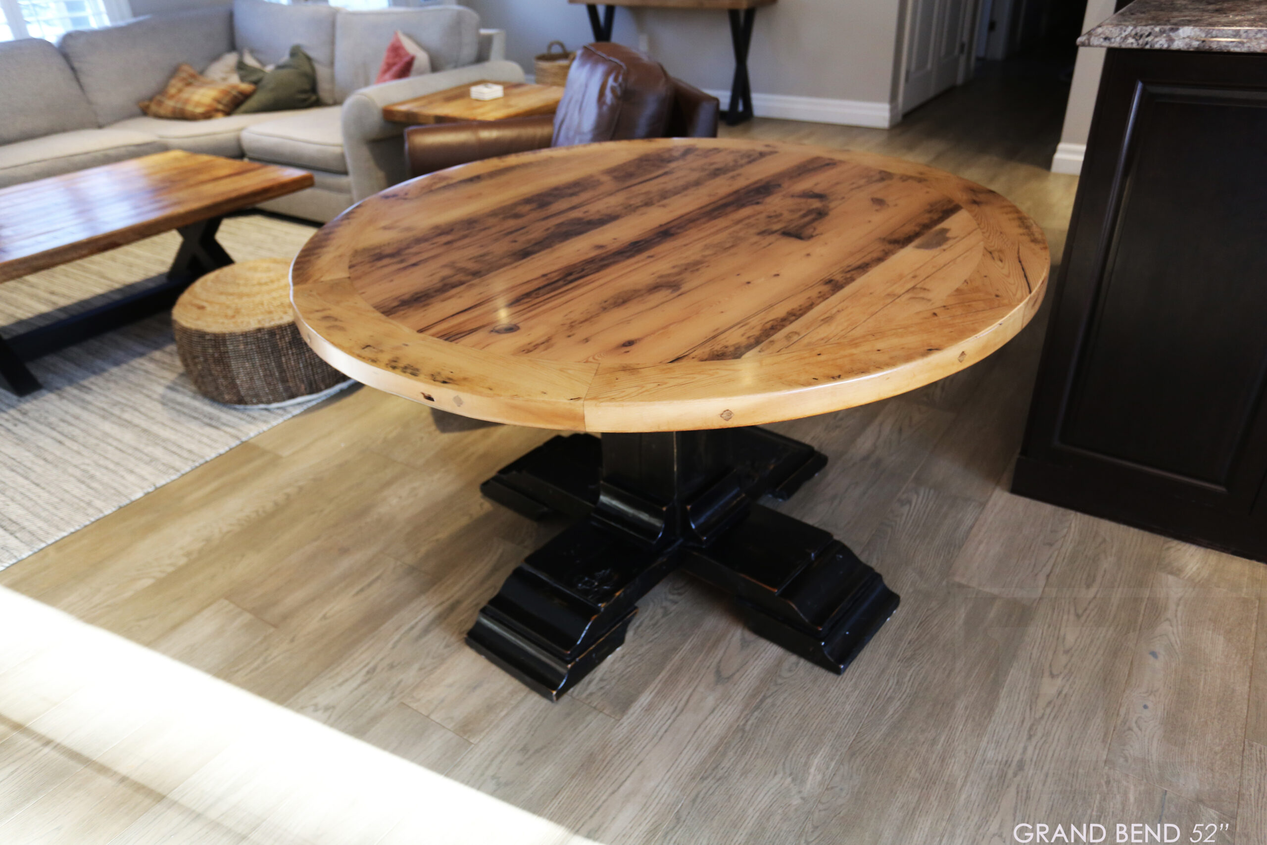 54" Round Ontario Barnwood Table - Hemlock Threshing Floor 2" Top - Customized Pedestal Base / Painted Black with Sandthroughs - Original edges & distressing maintained - Greytone Treatment Option - Premium epoxy + satin polyurethane finish - www.table.ca