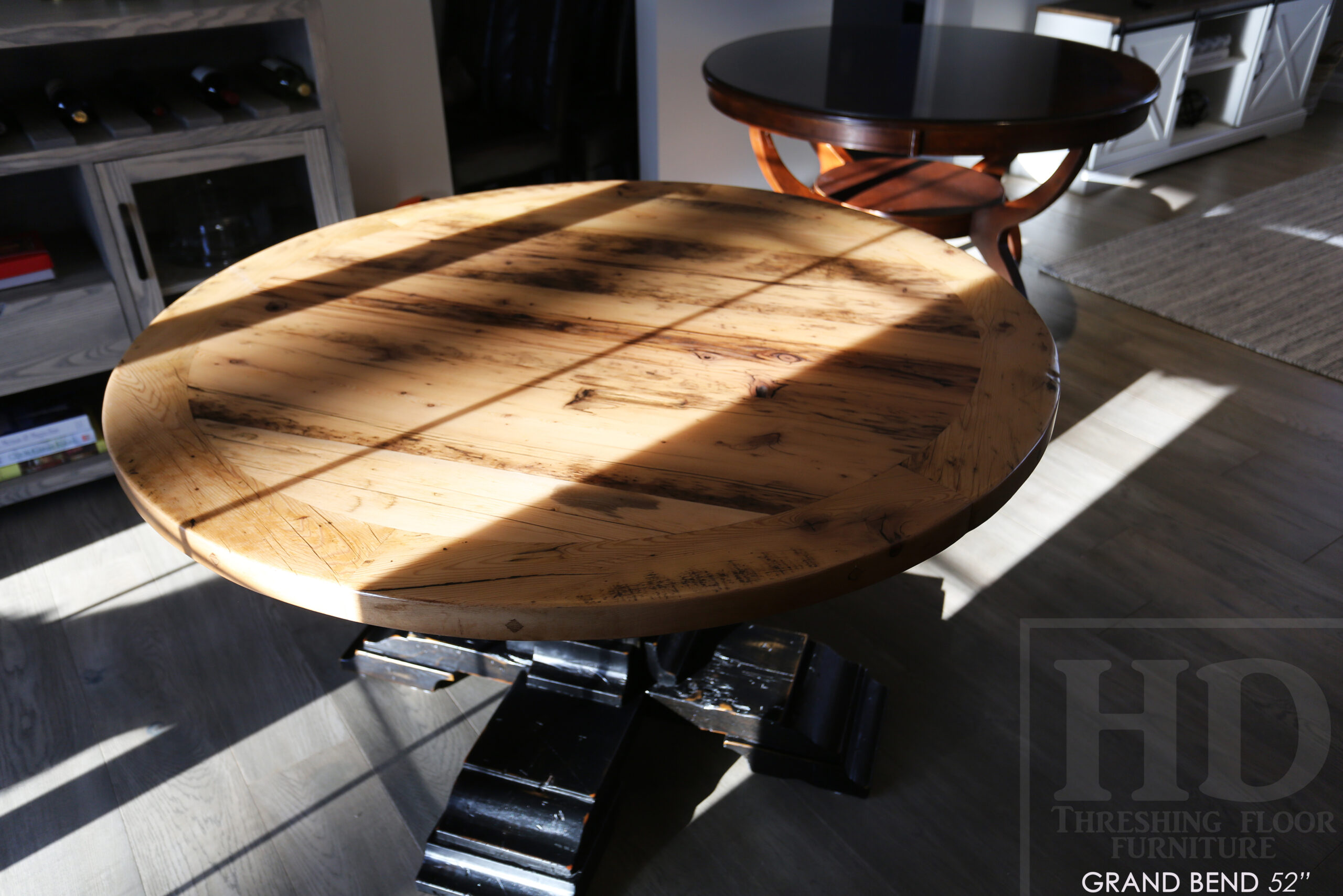 54" Round Ontario Barnwood Table - Hemlock Threshing Floor 2" Top - Customized Pedestal Base / Painted Black with Sandthroughs - Original edges & distressing maintained - Greytone Treatment Option - Premium epoxy + satin polyurethane finish - www.table.ca