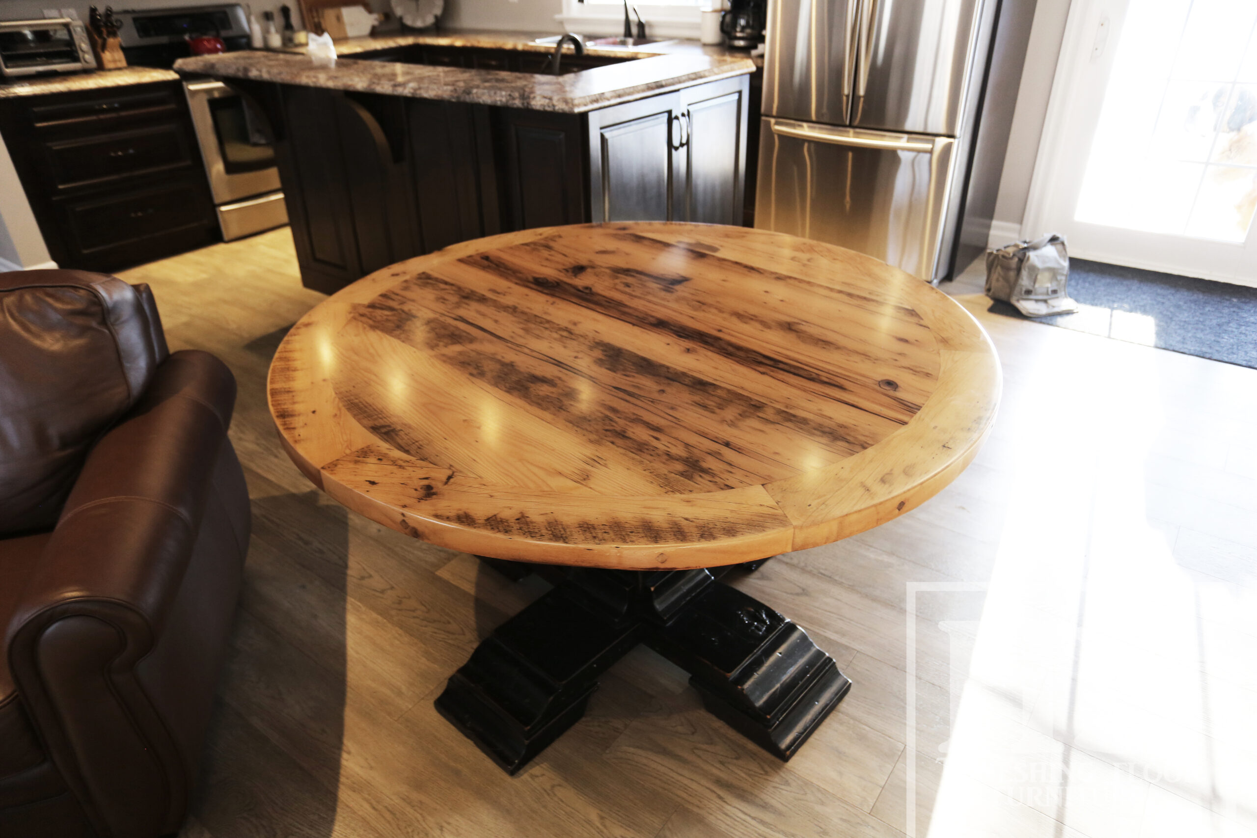 54" Round Ontario Barnwood Table - Hemlock Threshing Floor 2" Top - Customized Pedestal Base / Painted Black with Sandthroughs - Original edges & distressing maintained - Greytone Treatment Option - Premium epoxy + satin polyurethane finish - www.table.ca