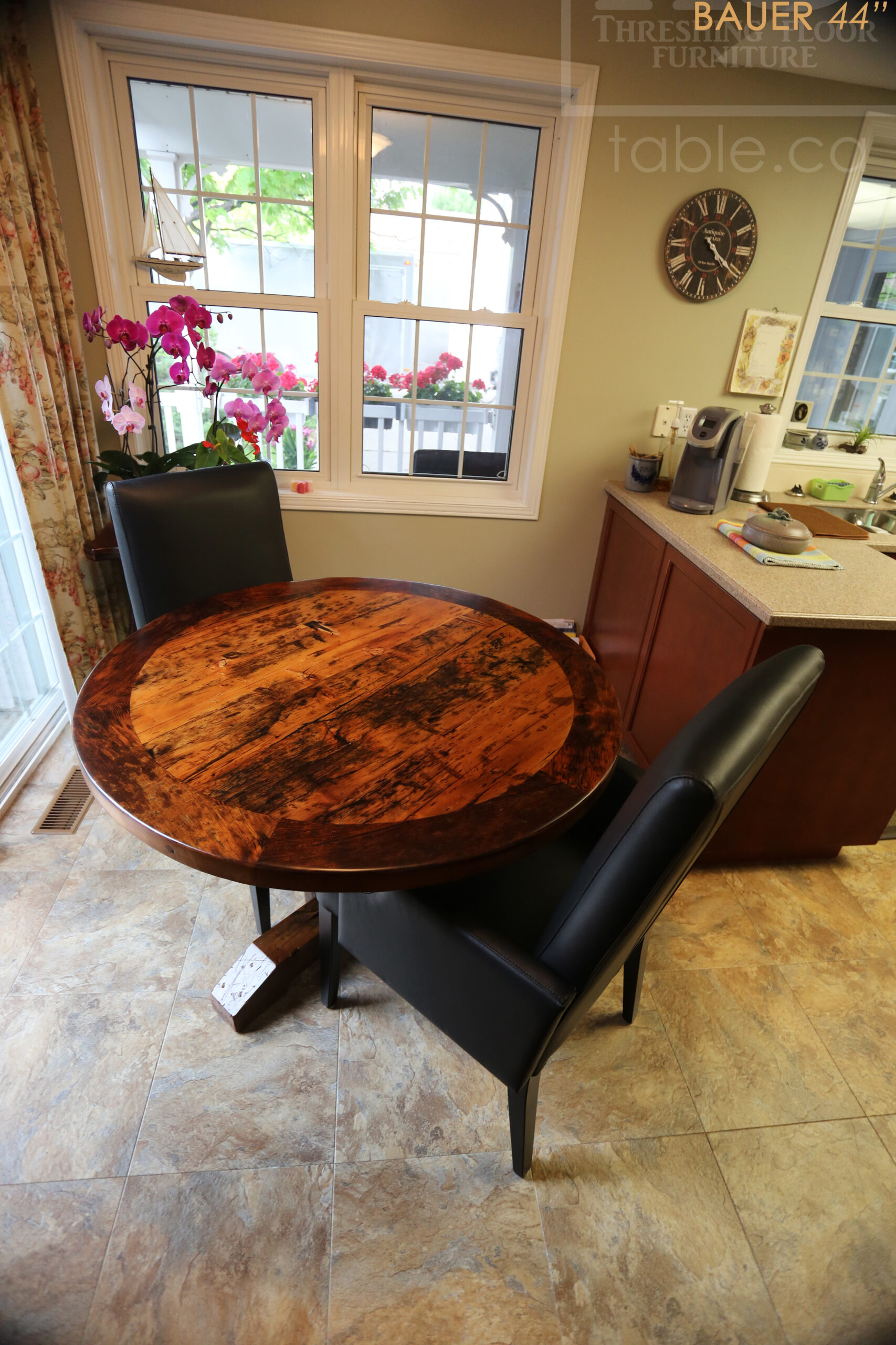 Project details: 44” Reclaimed Ontario Barnwood Round Table we made for a Waterloo, Ontario home – Pedestal Base - Old Growth Hemlock Threshing Floor Construction – Original edges & distressing maintained – Circular Bread Edges - Premium epoxy + satin polyurethane finish - www.table.ca