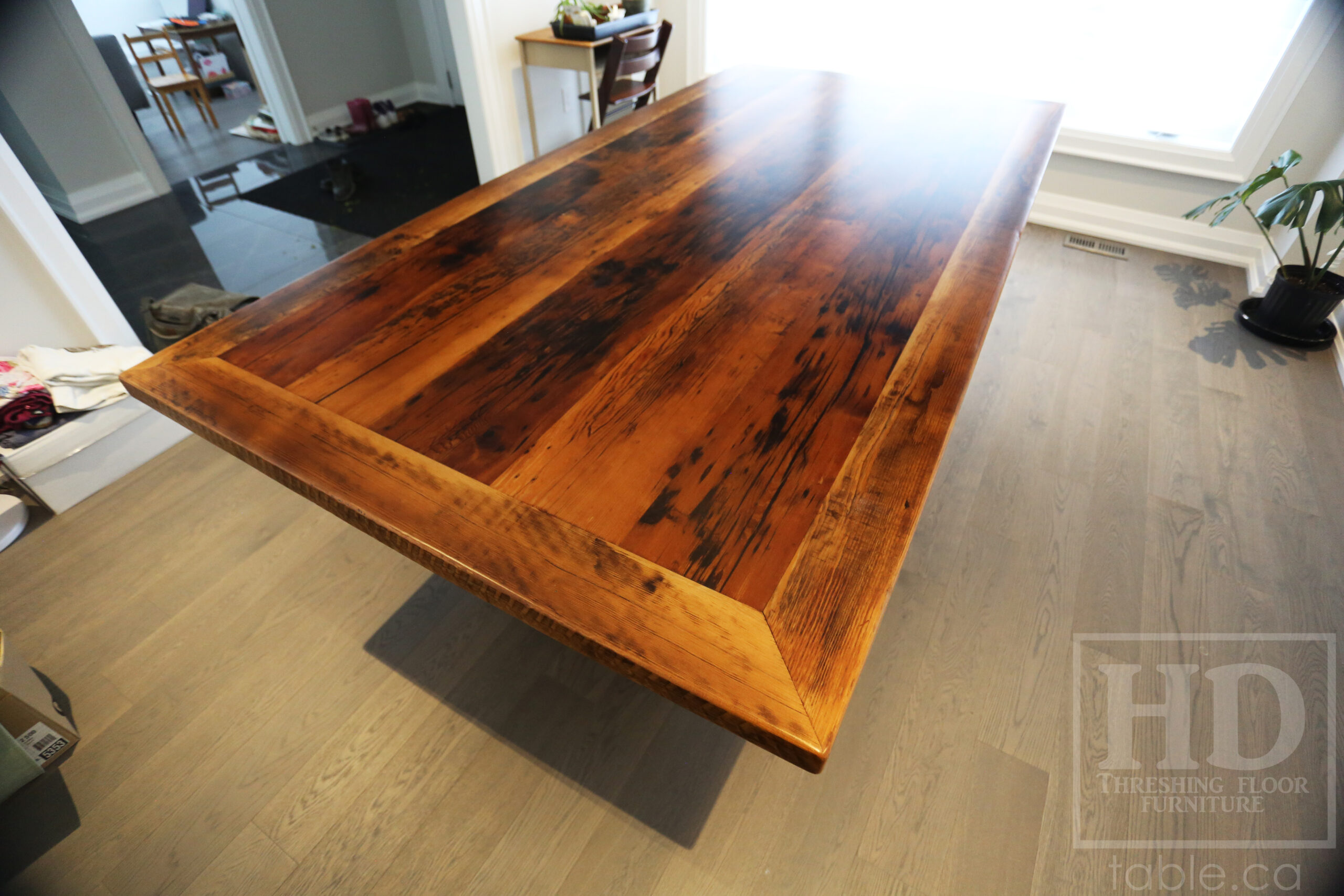 8’ Reclaimed Ontario Barnwood Table we made for an Toronto, Ontario home – 48” wide – Matte Black Steel Base – Mitered Corners Option - Old Growth Hemlock Threshing Floor Construction - Original edges & distressing maintained – Bread Edge Ends - Premium epoxy + satin polyurethane finish – www.table.ca