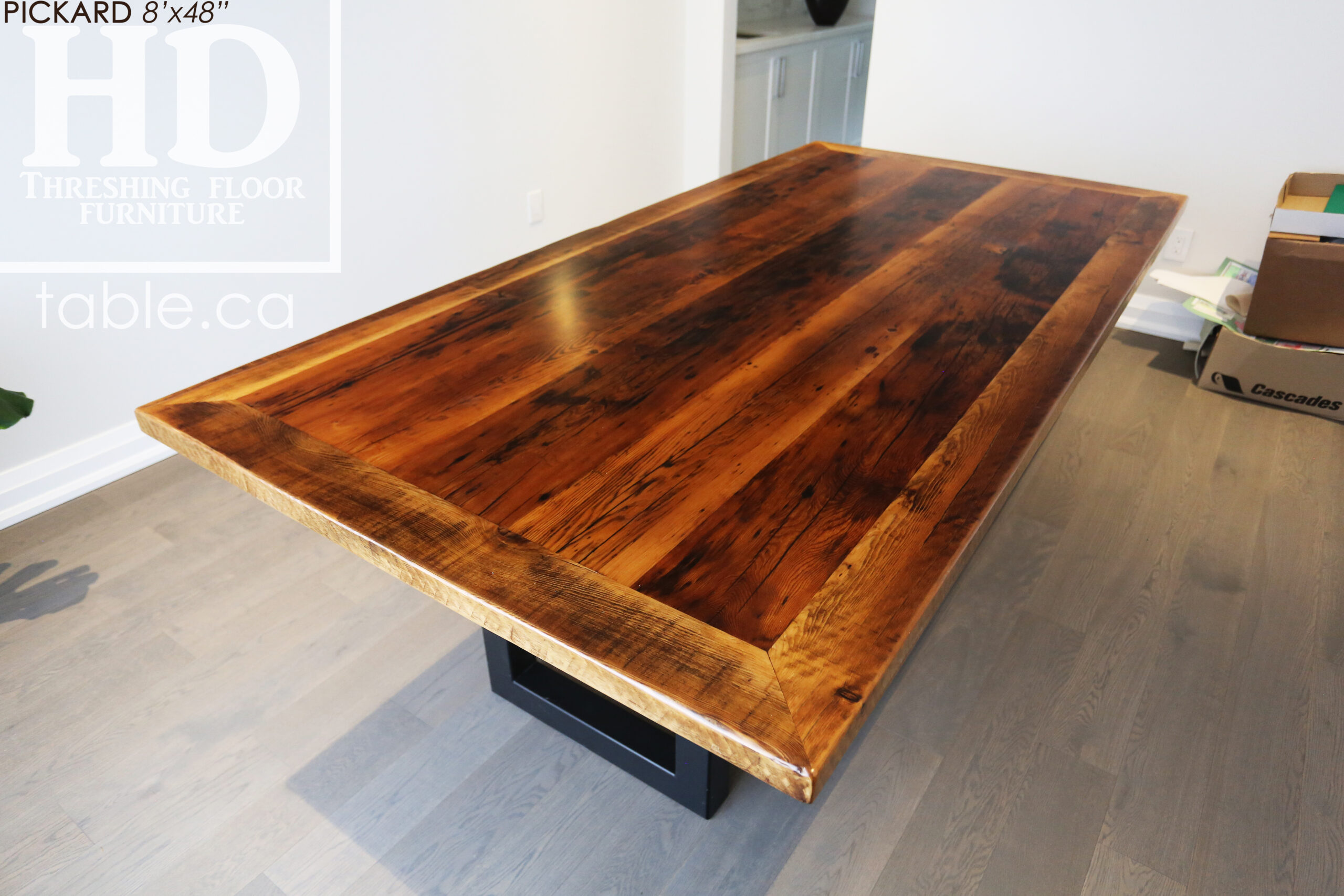 8’ Reclaimed Ontario Barnwood Table we made for an Toronto, Ontario home – 48” wide – Matte Black Steel Base – Mitered Corners Option - Old Growth Hemlock Threshing Floor Construction - Original edges & distressing maintained – Bread Edge Ends - Premium epoxy + satin polyurethane finish – www.table.ca