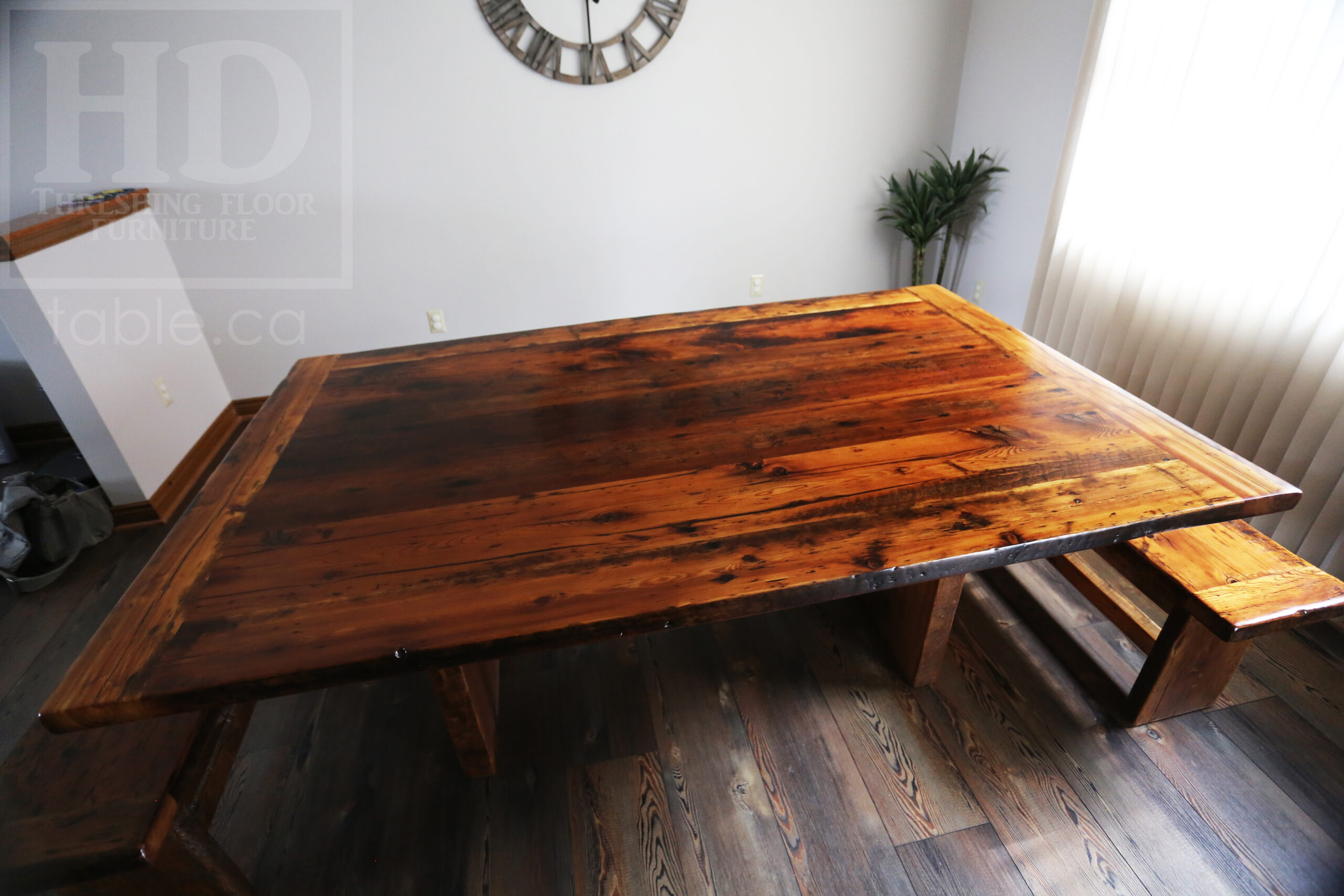 6.5’ Reclaimed Ontario Barnwood Table we made for a Niagara Falls, Ontario home – 48” wide – Modern Plank Base - Old Growth Hemlock Threshing Floor Construction - Original edges & distressing maintained – Bread Edge Ends - Premium epoxy + satin polyurethane finish – Two 18” Leaf Extensions – Two [matching] 48” benches - www.table.ca