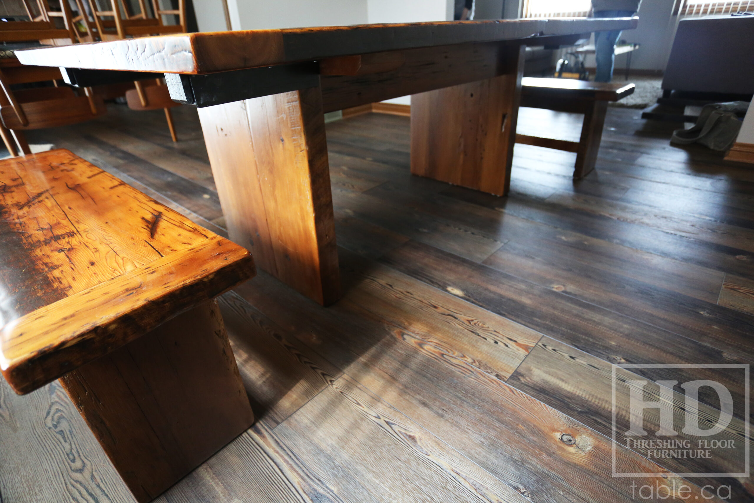 6.5’ Reclaimed Ontario Barnwood Table we made for a Niagara Falls, Ontario home – 48” wide – Modern Plank Base - Old Growth Hemlock Threshing Floor Construction - Original edges & distressing maintained – Bread Edge Ends - Premium epoxy + satin polyurethane finish – Two 18” Leaf Extensions – Two [matching] 48” benches - www.table.ca