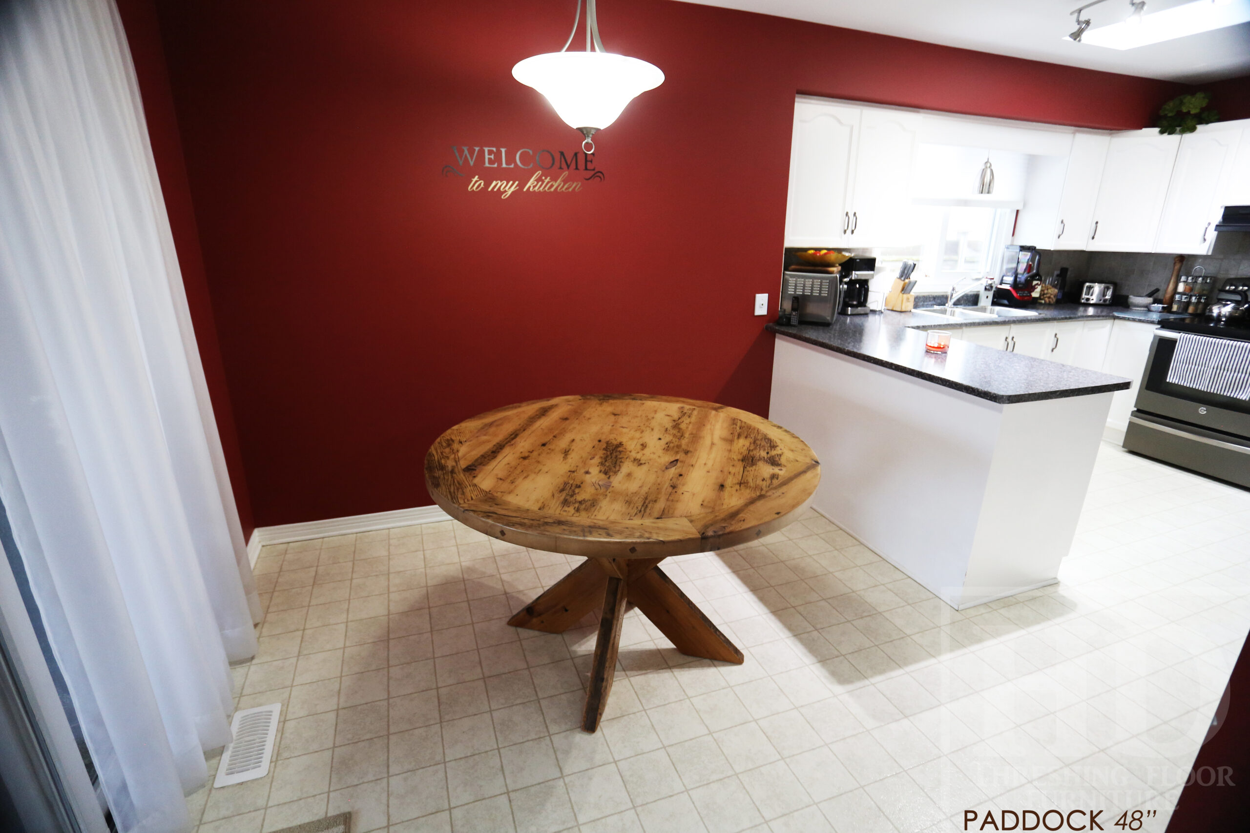 Project summary: 48” Round Reclaimed Ontario Barnwood Table we made for a Corunna, Ontario home X Base - Old Growth Hemlock Threshing Floor Construction - Original edges & distressing maintained – Circular Bread Edging - Premium epoxy + matte polyurethane finish – Greytone Option -www.table.ca
