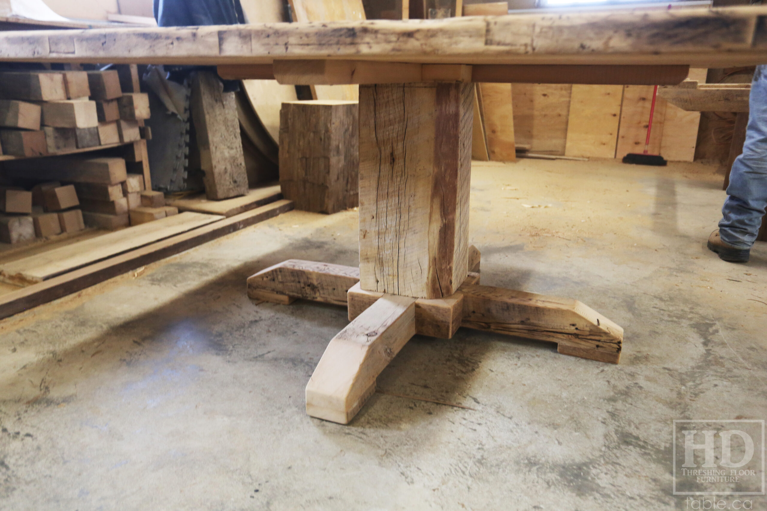 Project summary: 60” x 60” Square Reclaimed Ontario Barnwood Table we made for an Etobicoke, Ontario home – Hand-Hewn Beam Pedestal Base - Old Growth Hemlock Threshing Floor Construction – Original edges & distressing maintained – Bread Edge Ends - Premium epoxy + matte polyurethane finish – www.table.ca