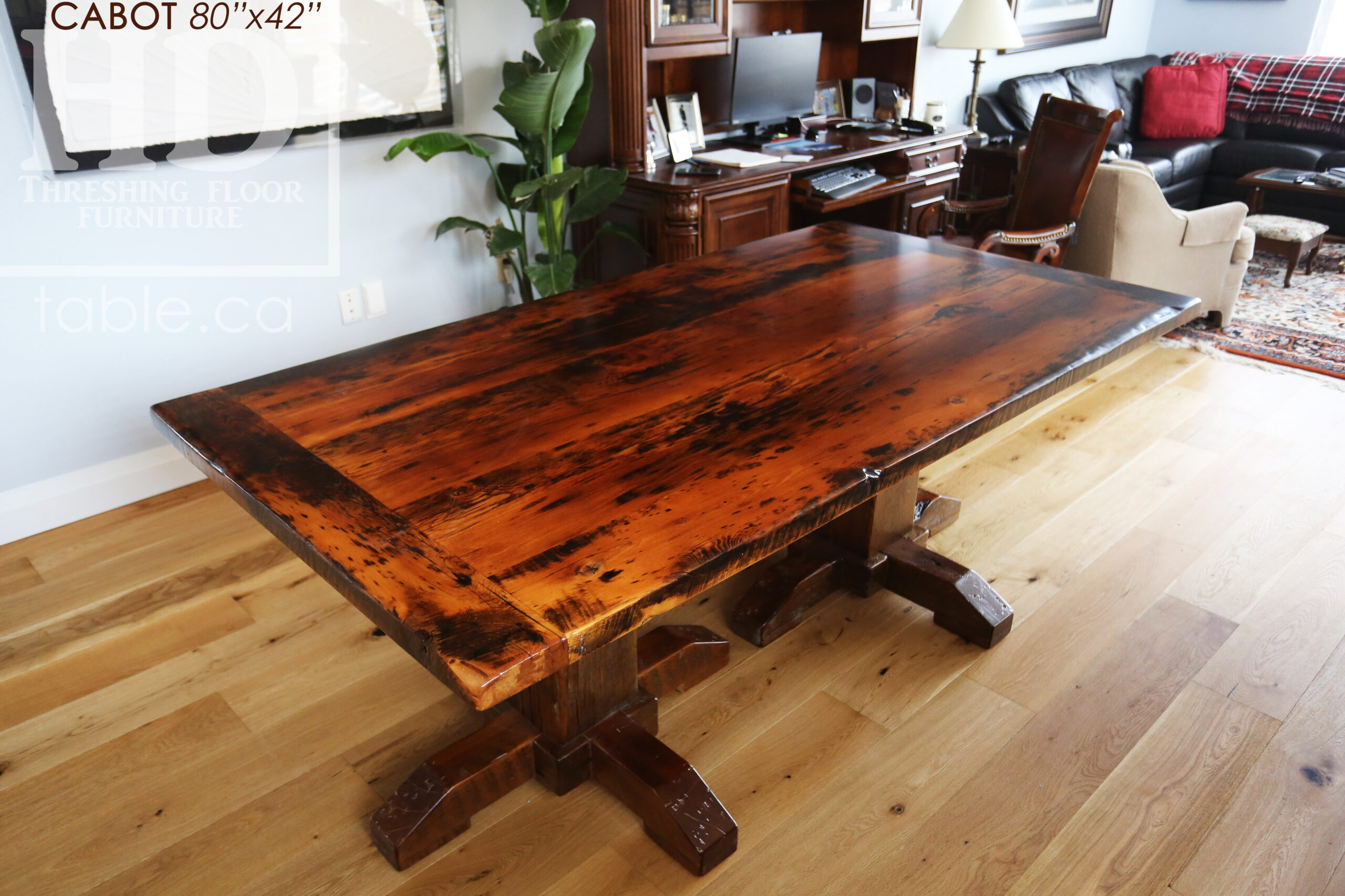 Project details: 80” Reclaimed Ontario Barnwood Table we made for a Oakville, Ontario home – Double Hand Hewn Beam Posts Base  - Old Growth Hemlock Threshing Floor Construction – Original edges & distressing maintained – Bread Edge Ends - Premium epoxy + satin polyurethane finish - www.table.ca