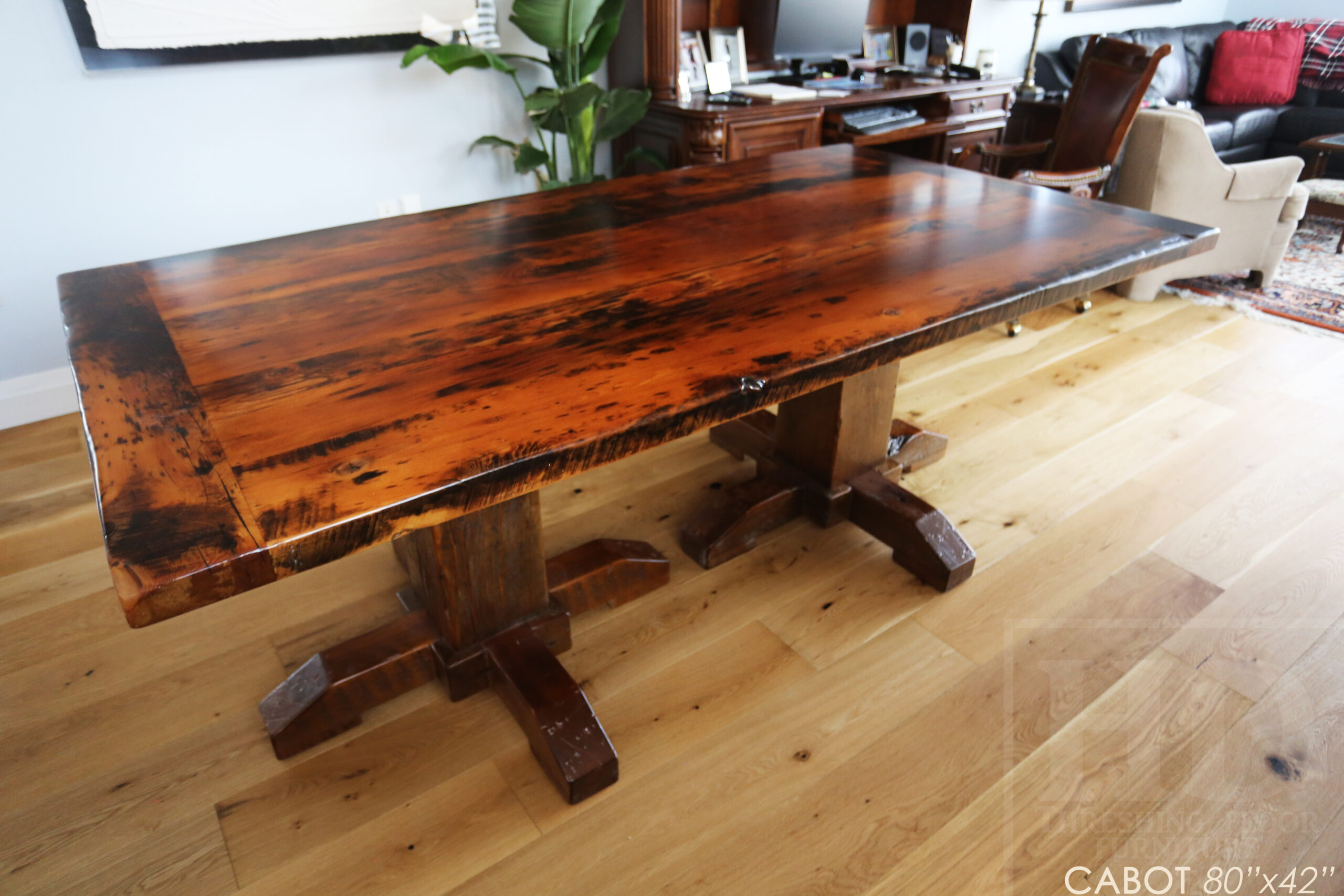 80” Reclaimed Ontario Barnwood Table we made for a Oakville, Ontario home – Double Hand Hewn Beam Posts Base  - Old Growth Hemlock Threshing Floor Construction – Original edges & distressing maintained – Bread Edge Ends - Premium epoxy + satin polyurethane finish - www.table.ca