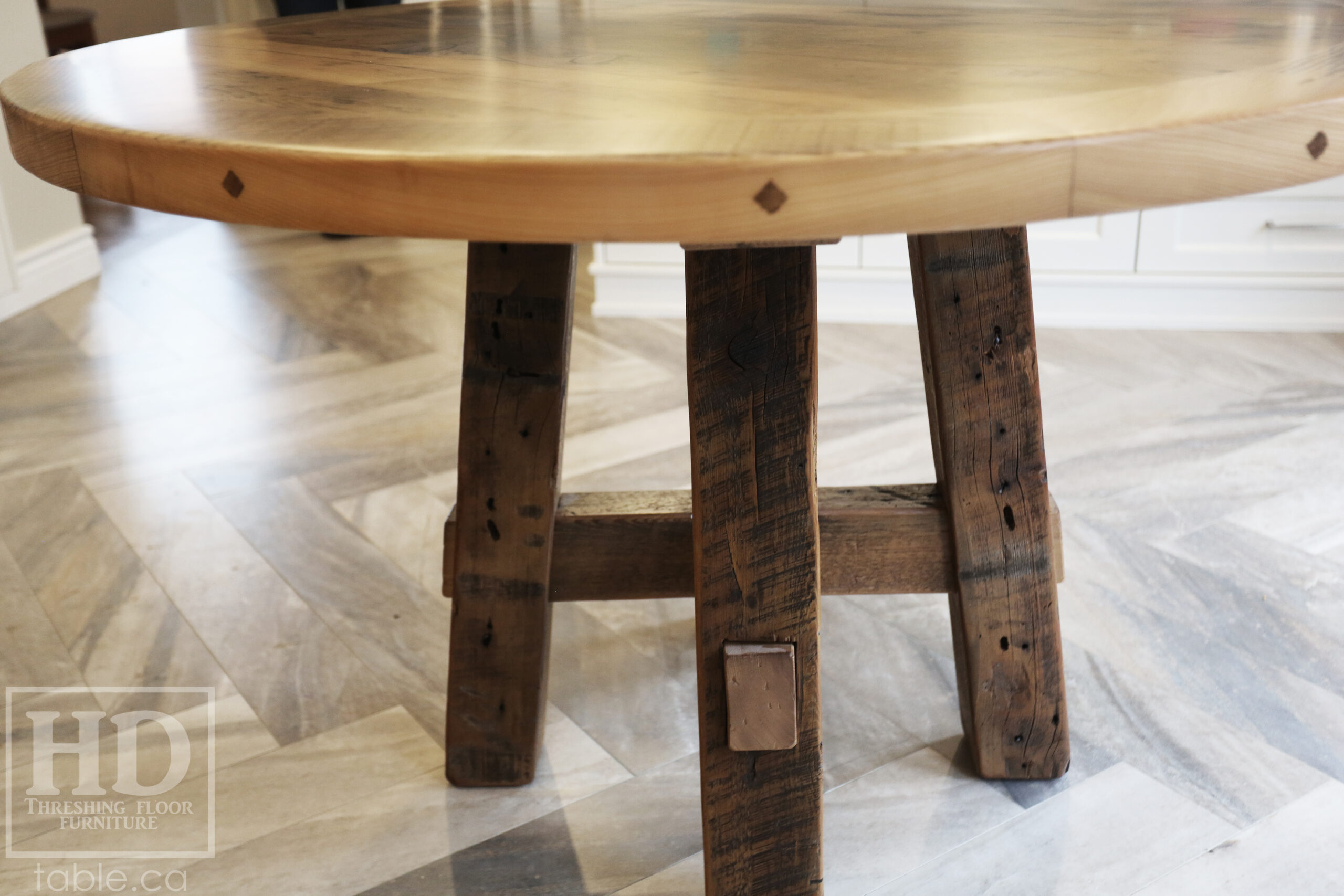 48” Reclaimed Ontario Barnwood Round Table we made for an Ancaster, Ontario home – Frame Base - Old Growth Hemlock Threshing Floor Construction - Original edges & distressing maintained – Bread Edge Ends – Premium epoxy + matte polyurethane finish – Greytone Option - www.table.ca