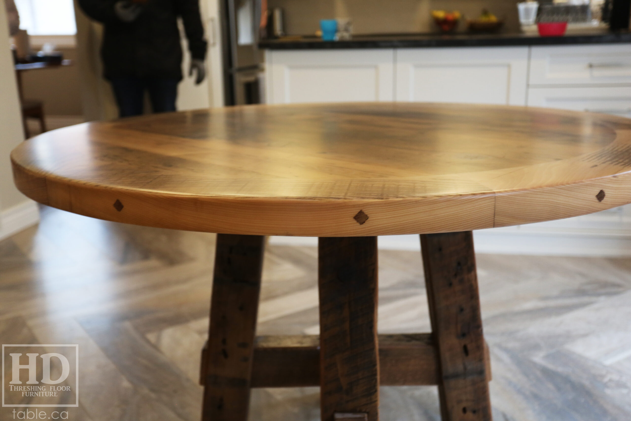 48” Reclaimed Ontario Barnwood Round Table we made for an Ancaster, Ontario home – Frame Base - Old Growth Hemlock Threshing Floor Construction - Original edges & distressing maintained – Bread Edge Ends – Premium epoxy + matte polyurethane finish – Greytone Option - www.table.ca