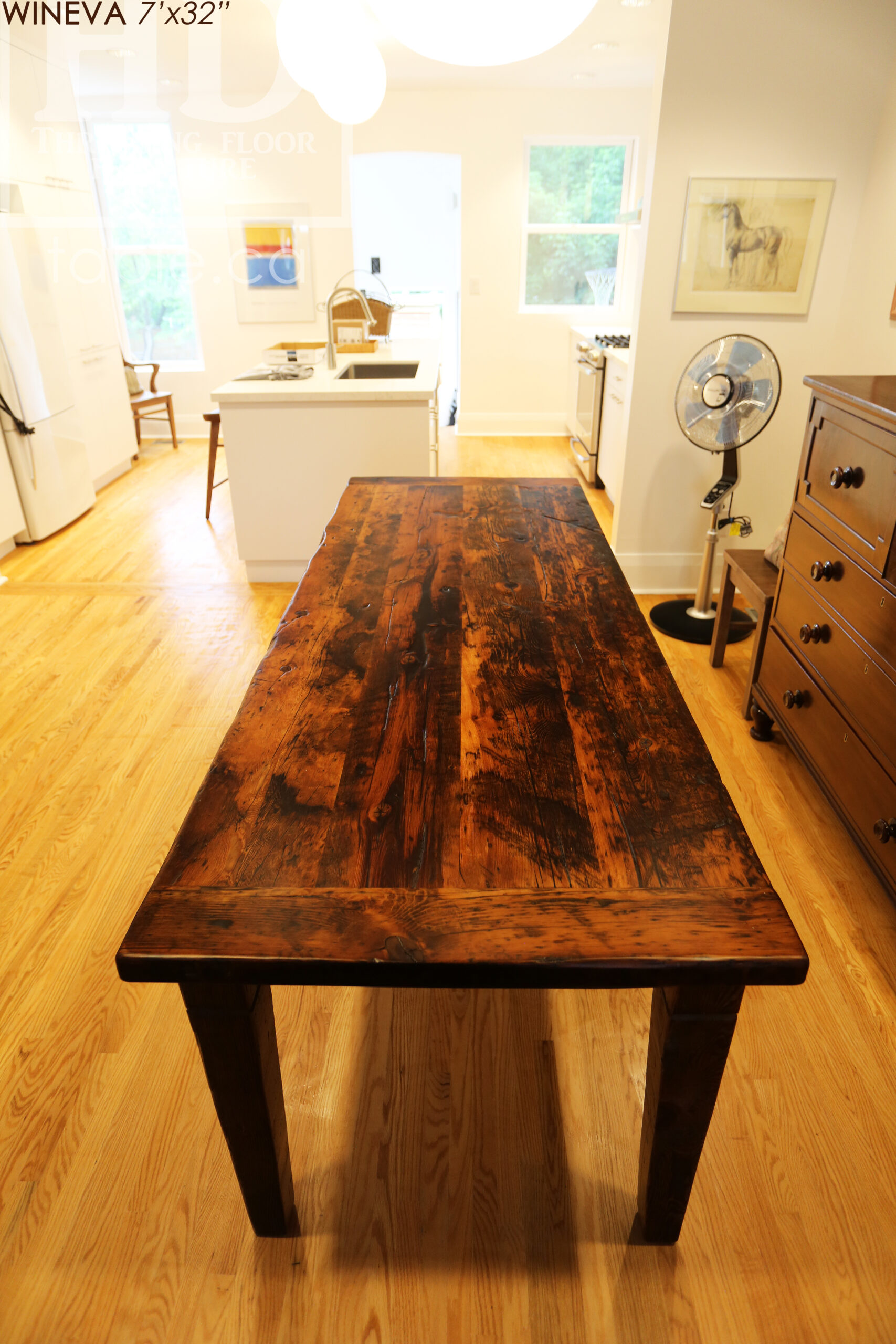 7’ Reclaimed Ontario Barnwood Table we made for a Toronto, Ontario home – 32” wide –  Harvest Base / Tapered with a Notch Windbrace Beam Legs - Old Growth Hemlock Threshing Floor Construction - Original edges & distressing maintained – Bread Edge Ends – Premium [light coating] epoxy + matte polyurethane finish - www.table.ca