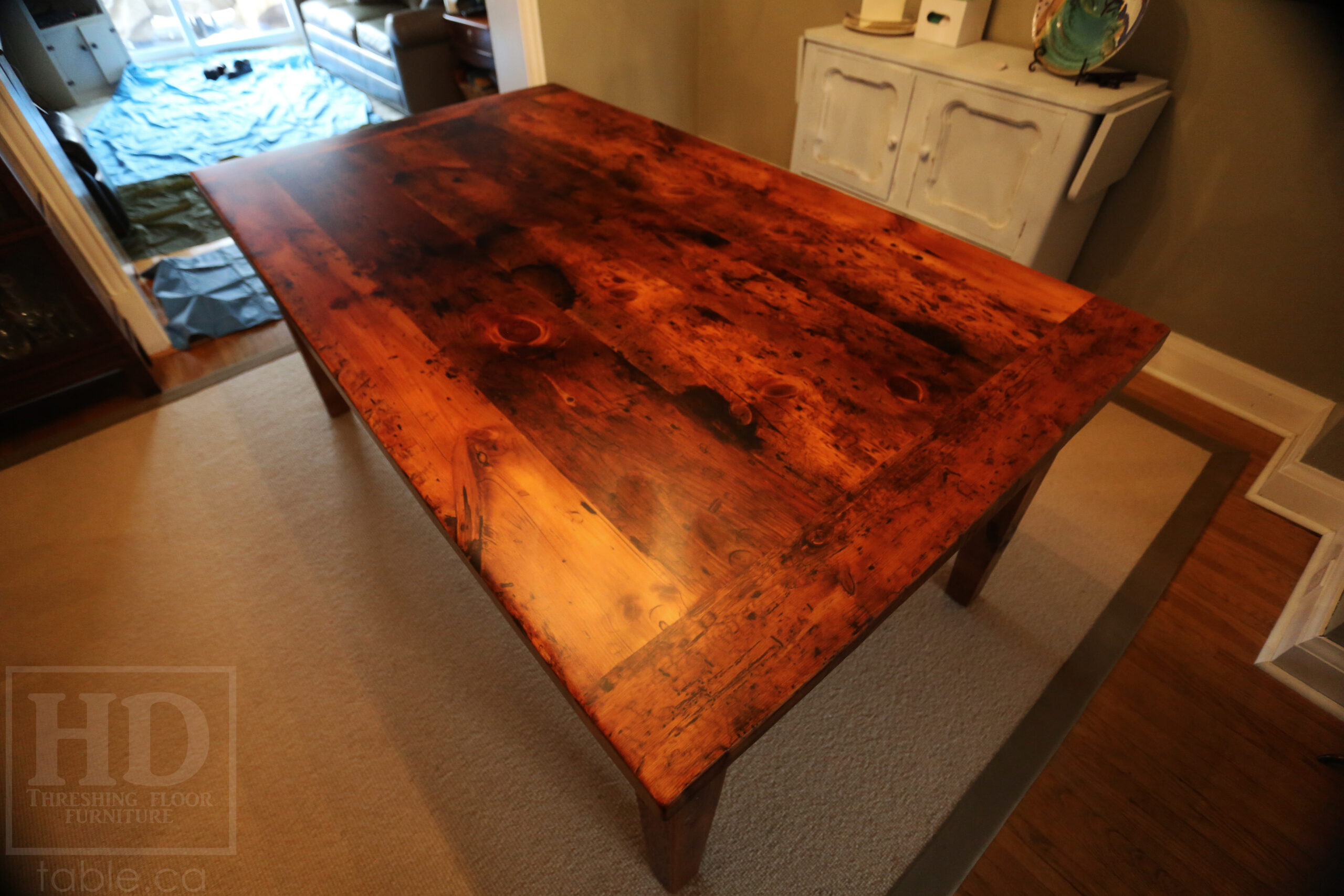 6’ Reclaimed Ontario Barnwood Table – 42” wide – Harvest Base / Tapered with a Notch Windbrace Beam Legs - Old Growth Pine Threshing Floor Construction - Original edges & distressing maintained – Bread Edge Ends – Premium epoxy + satin polyurethane finish – [1] 18” leaf - www.table.ca