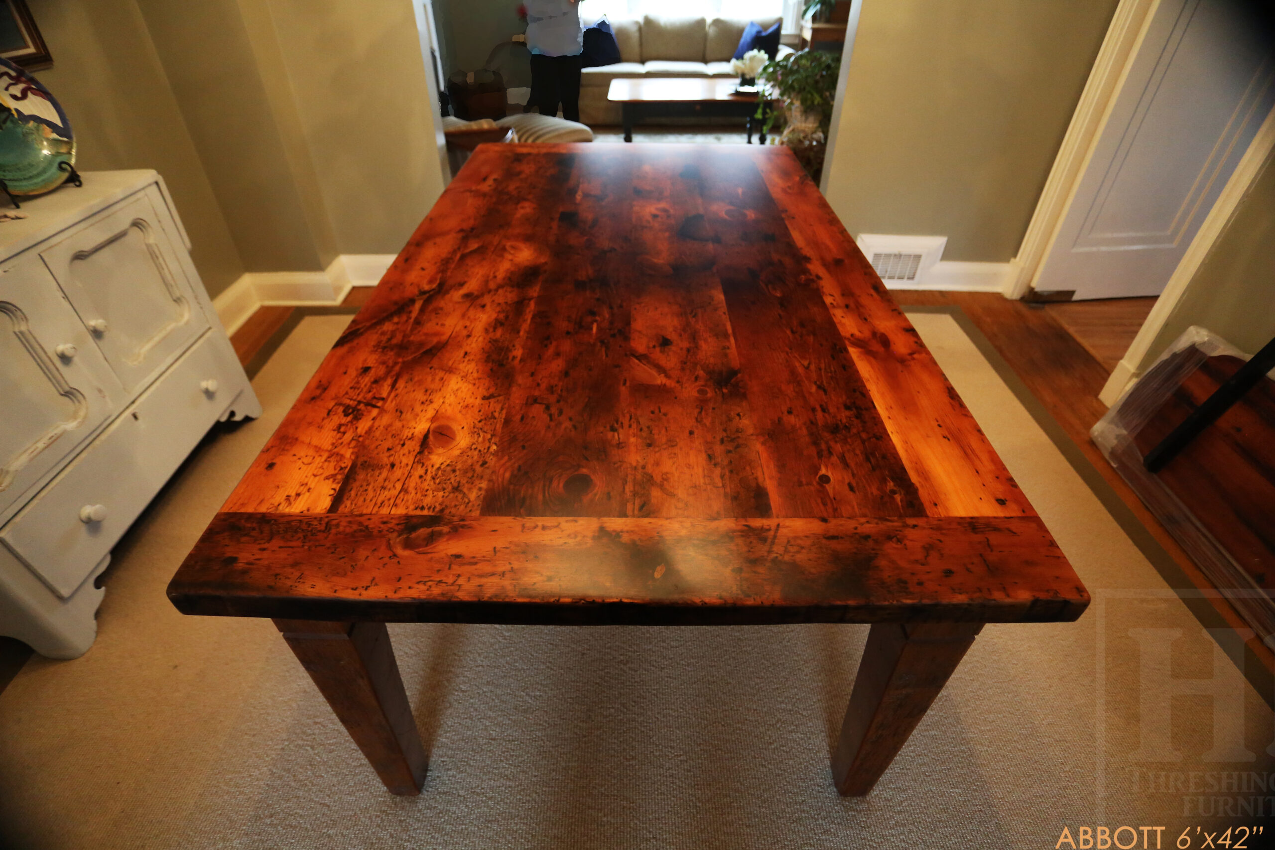 6’ Reclaimed Ontario Barnwood Table – 42” wide – Harvest Base / Tapered with a Notch Windbrace Beam Legs - Old Growth Pine Threshing Floor Construction - Original edges & distressing maintained – Bread Edge Ends – Premium epoxy + satin polyurethane finish – [1] 18” leaf - www.table.ca
