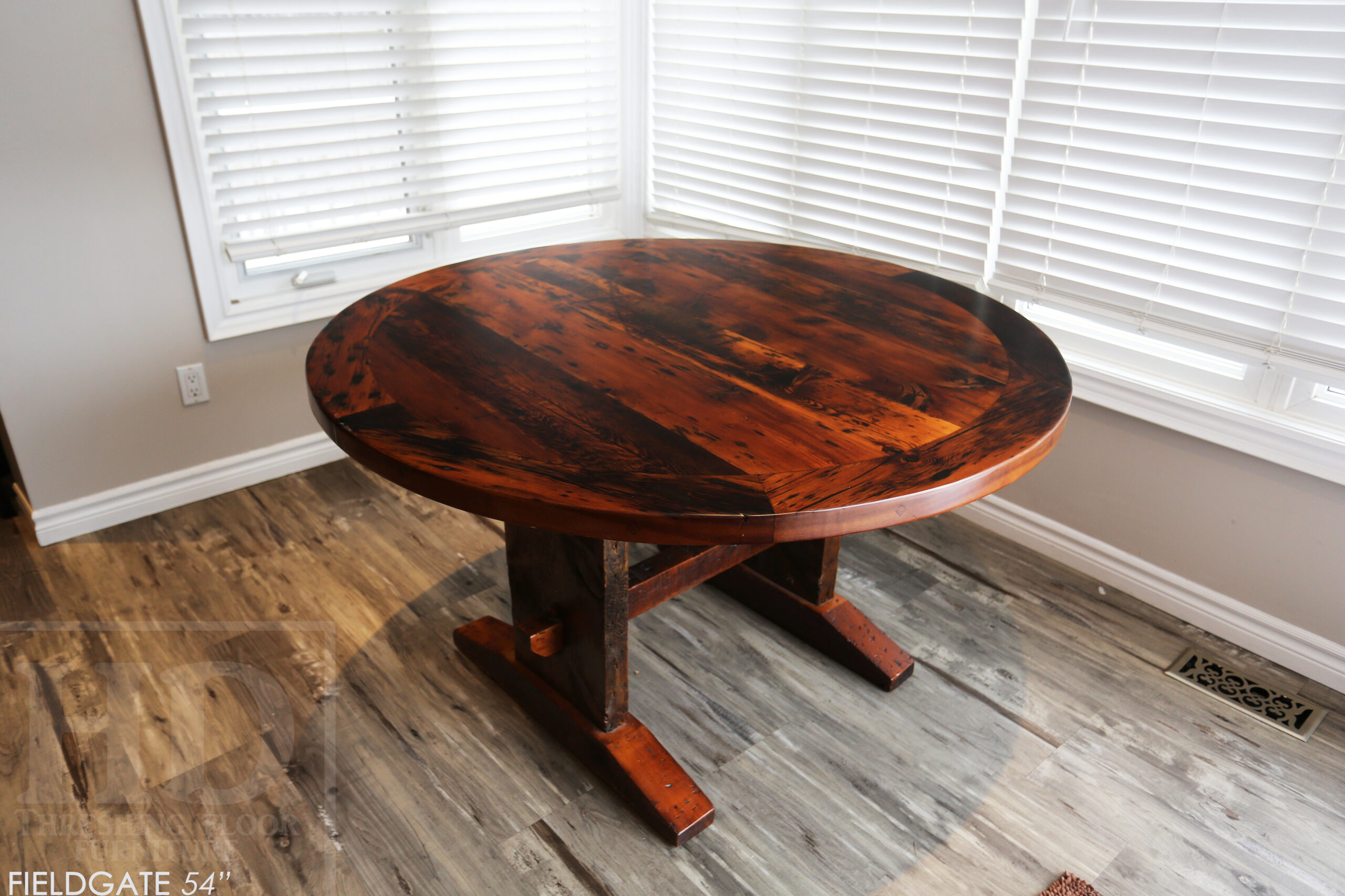 54â€ Reclaimed Ontario Barnwood Round Table â€“ Trestle Base - Old Growth Pine Threshing Floor Construction - Original edges & distressing maintained â€“ Circular Bread Edging â€“ Premium epoxy + satin polyurethane finish - www.table.ca