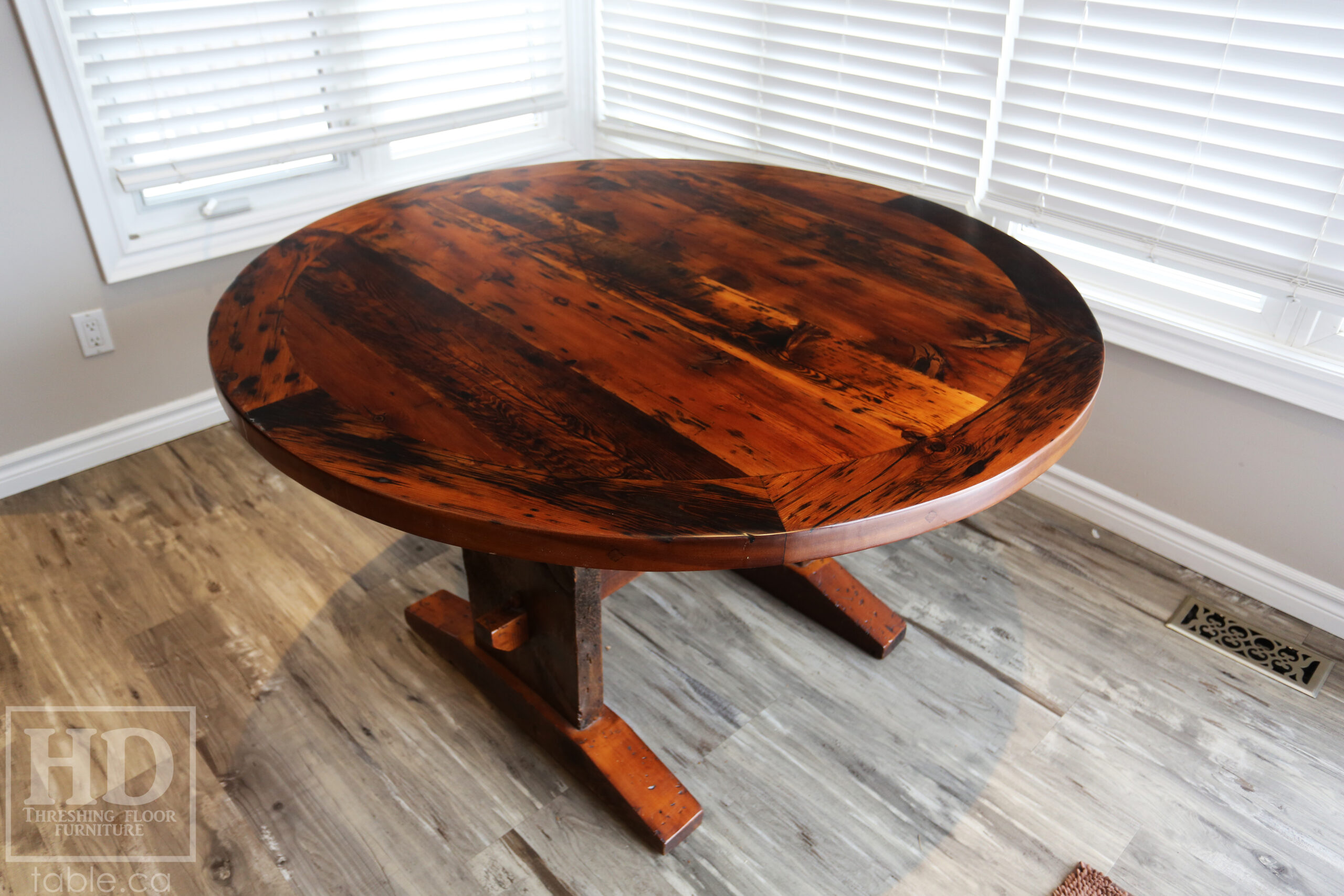 54â€ Reclaimed Ontario Barnwood Round Table â€“ Trestle Base - Old Growth Pine Threshing Floor Construction - Original edges & distressing maintained â€“ Circular Bread Edging â€“ Premium epoxy + satin polyurethane finish - www.table.ca