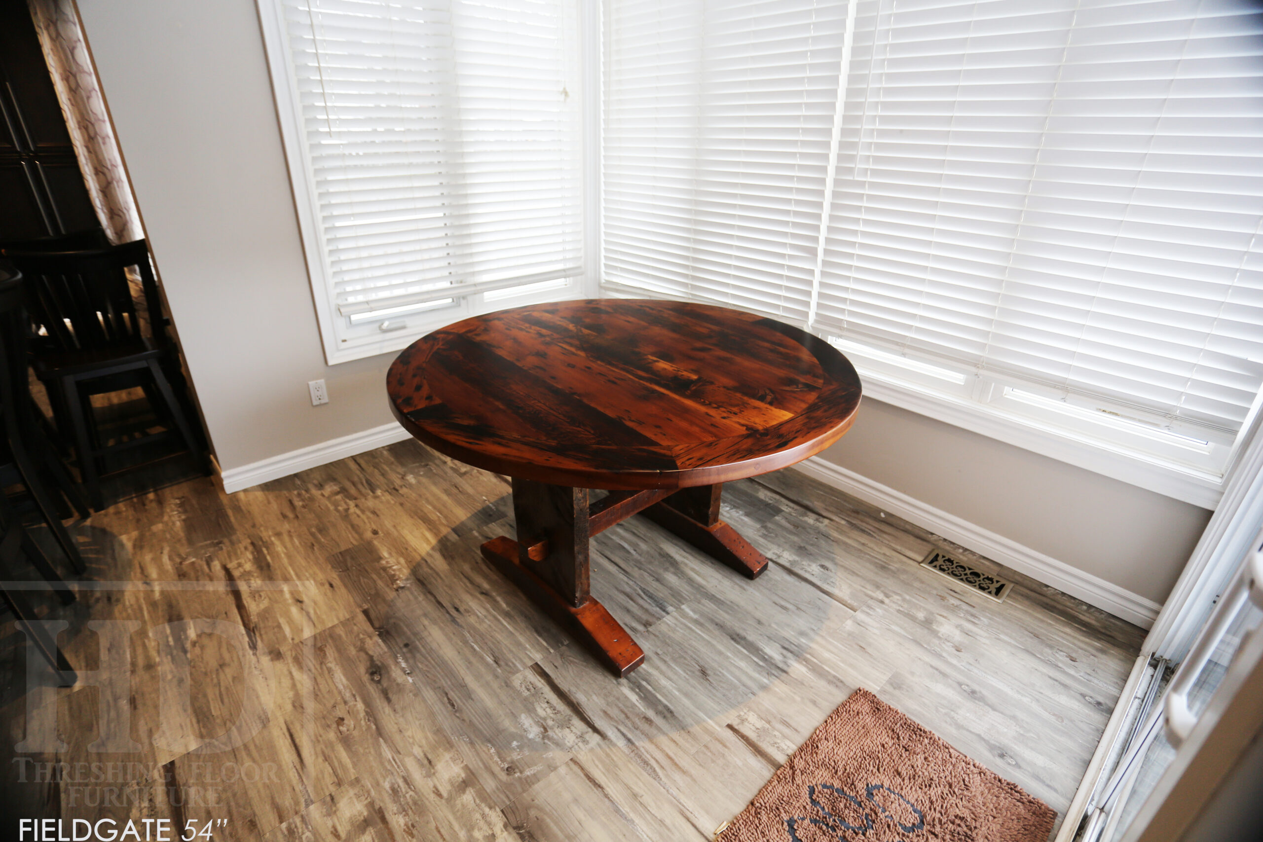 54â€ Reclaimed Ontario Barnwood Round Table â€“ Trestle Base - Old Growth Pine Threshing Floor Construction - Original edges & distressing maintained â€“ Circular Bread Edging â€“ Premium epoxy + satin polyurethane finish - www.table.ca