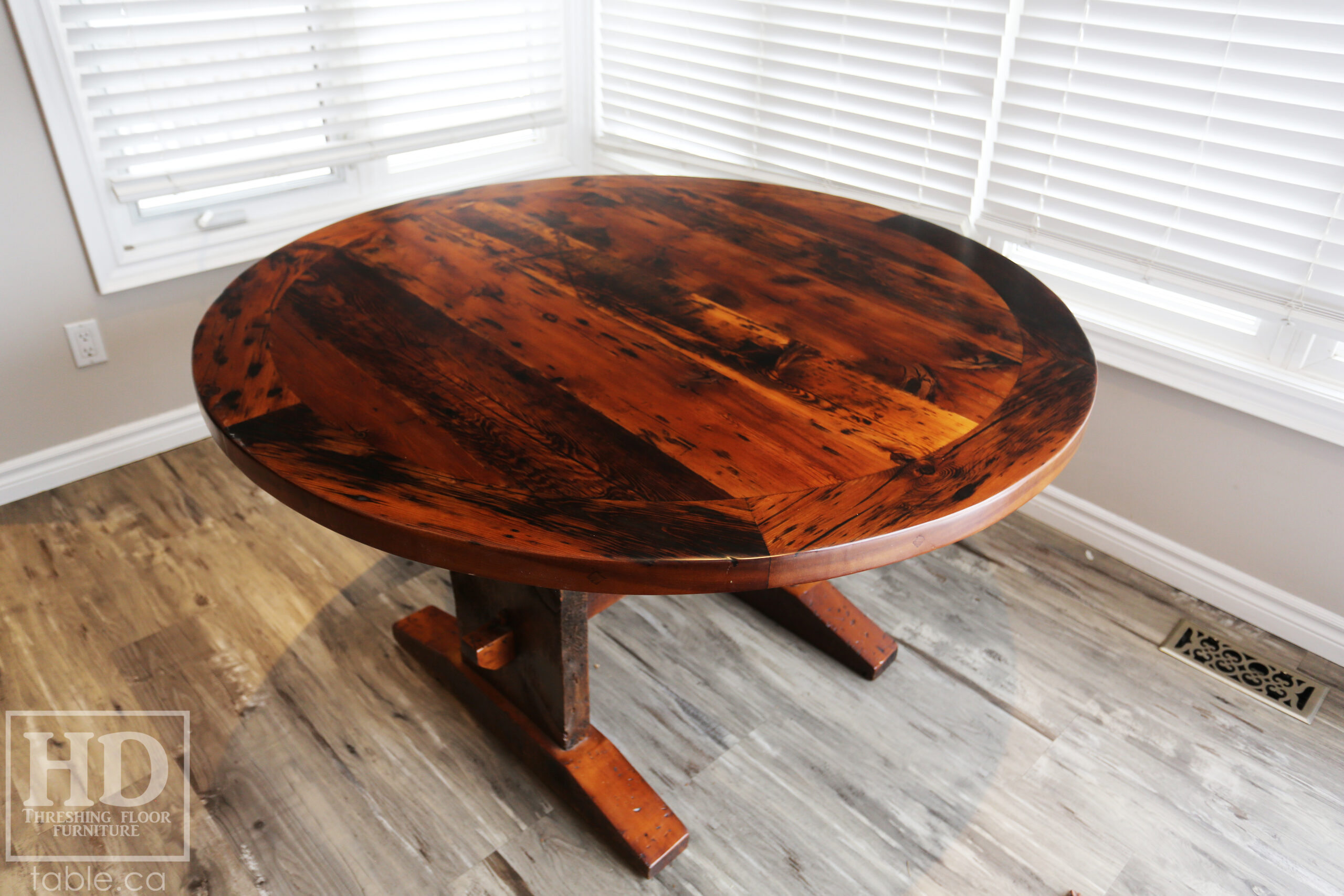 54â€ Reclaimed Ontario Barnwood Round Table â€“ Trestle Base - Old Growth Pine Threshing Floor Construction - Original edges & distressing maintained â€“ Circular Bread Edging â€“ Premium epoxy + satin polyurethane finish - www.table.ca