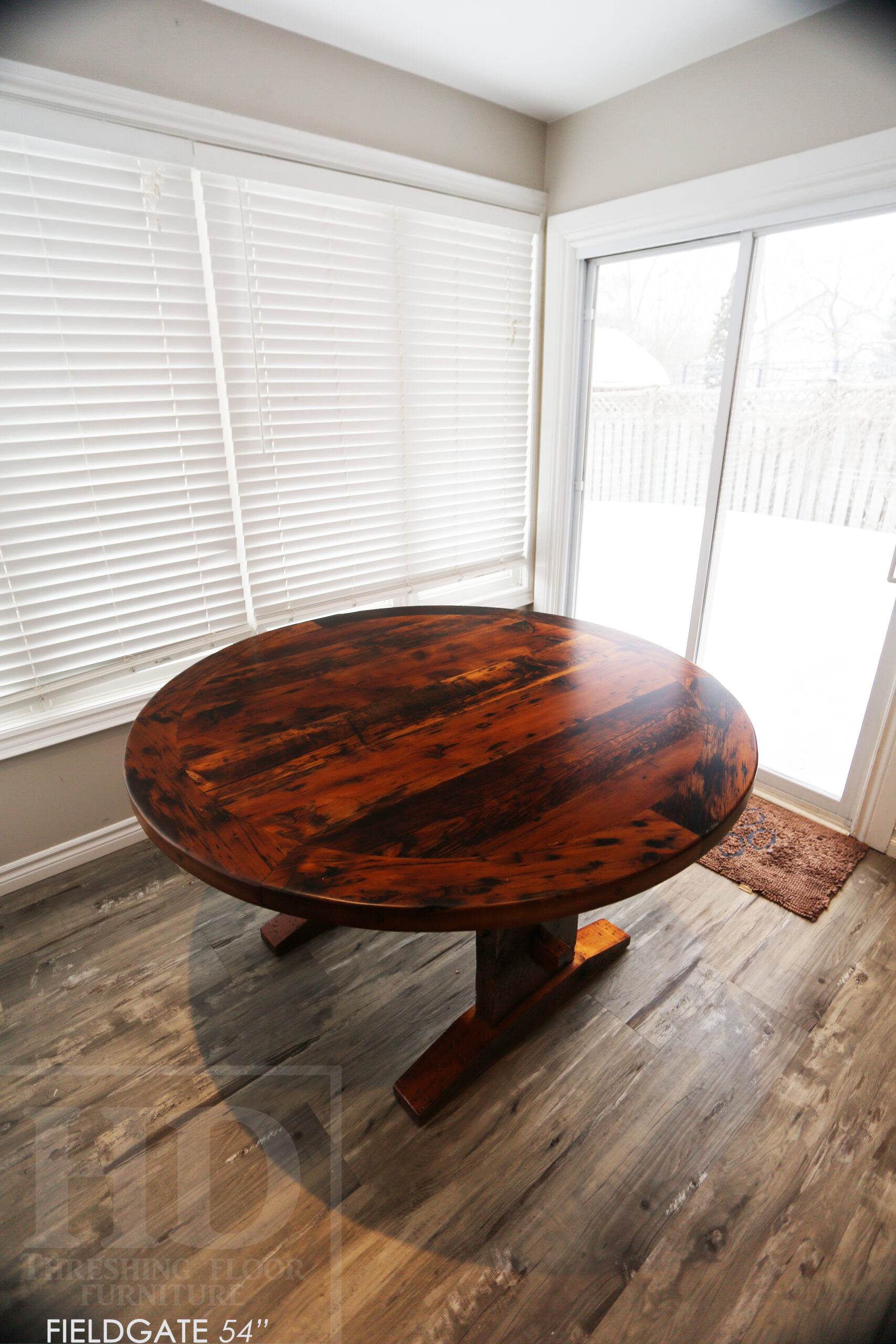 54â€ Reclaimed Ontario Barnwood Round Table â€“ Trestle Base - Old Growth Pine Threshing Floor Construction - Original edges & distressing maintained â€“ Circular Bread Edging â€“ Premium epoxy + satin polyurethane finish - www.table.ca