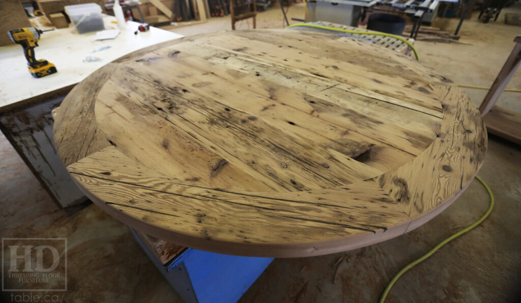 54â€ Reclaimed Ontario Barnwood Round Table â€“ Trestle Base - Old Growth Pine Threshing Floor Construction - Original edges & distressing maintained â€“ Circular Bread Edging â€“ Premium epoxy + satin polyurethane finish - www.table.ca