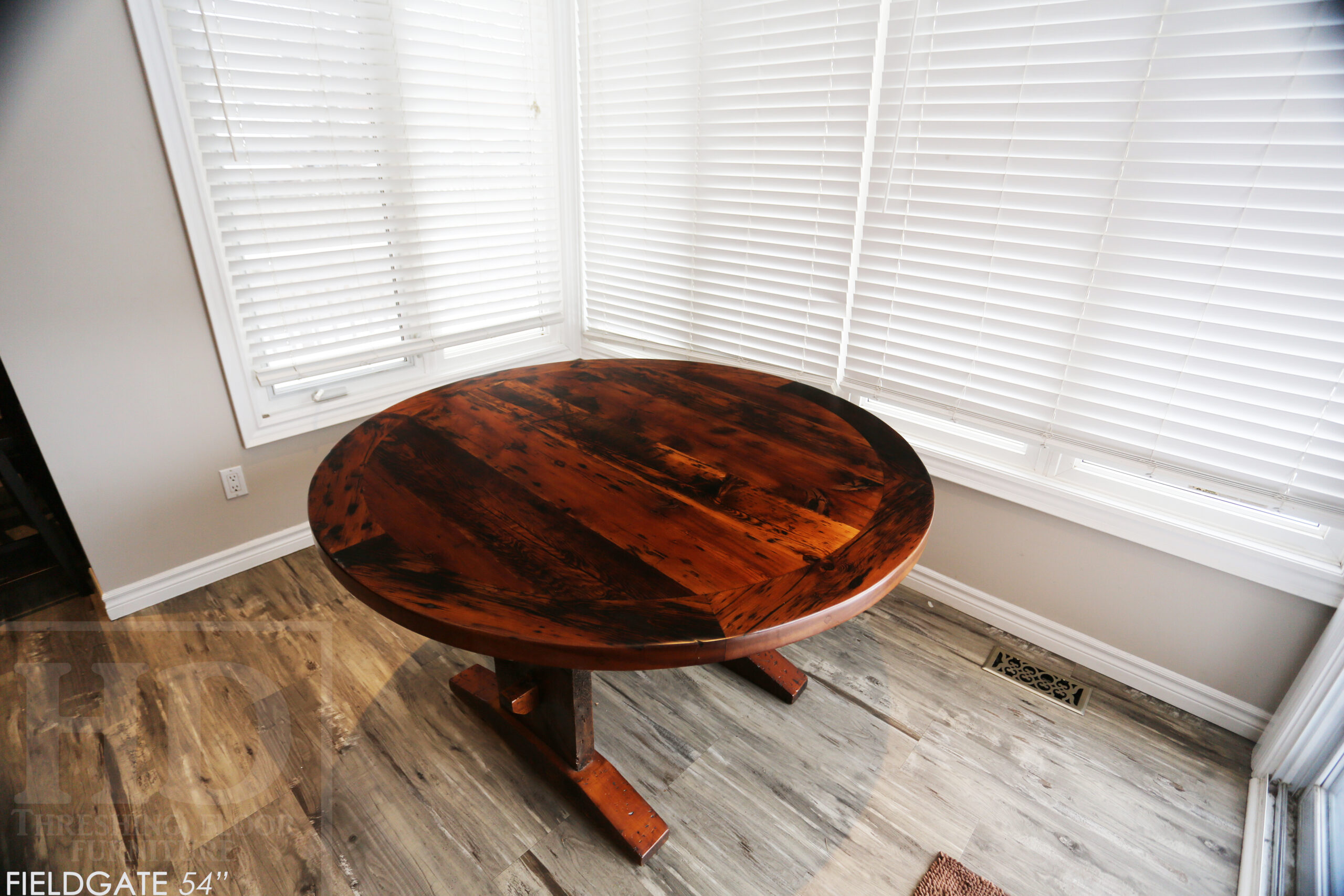 54â€ Reclaimed Ontario Barnwood Round Table â€“ Trestle Base - Old Growth Pine Threshing Floor Construction - Original edges & distressing maintained â€“ Circular Bread Edging â€“ Premium epoxy + satin polyurethane finish - www.table.ca