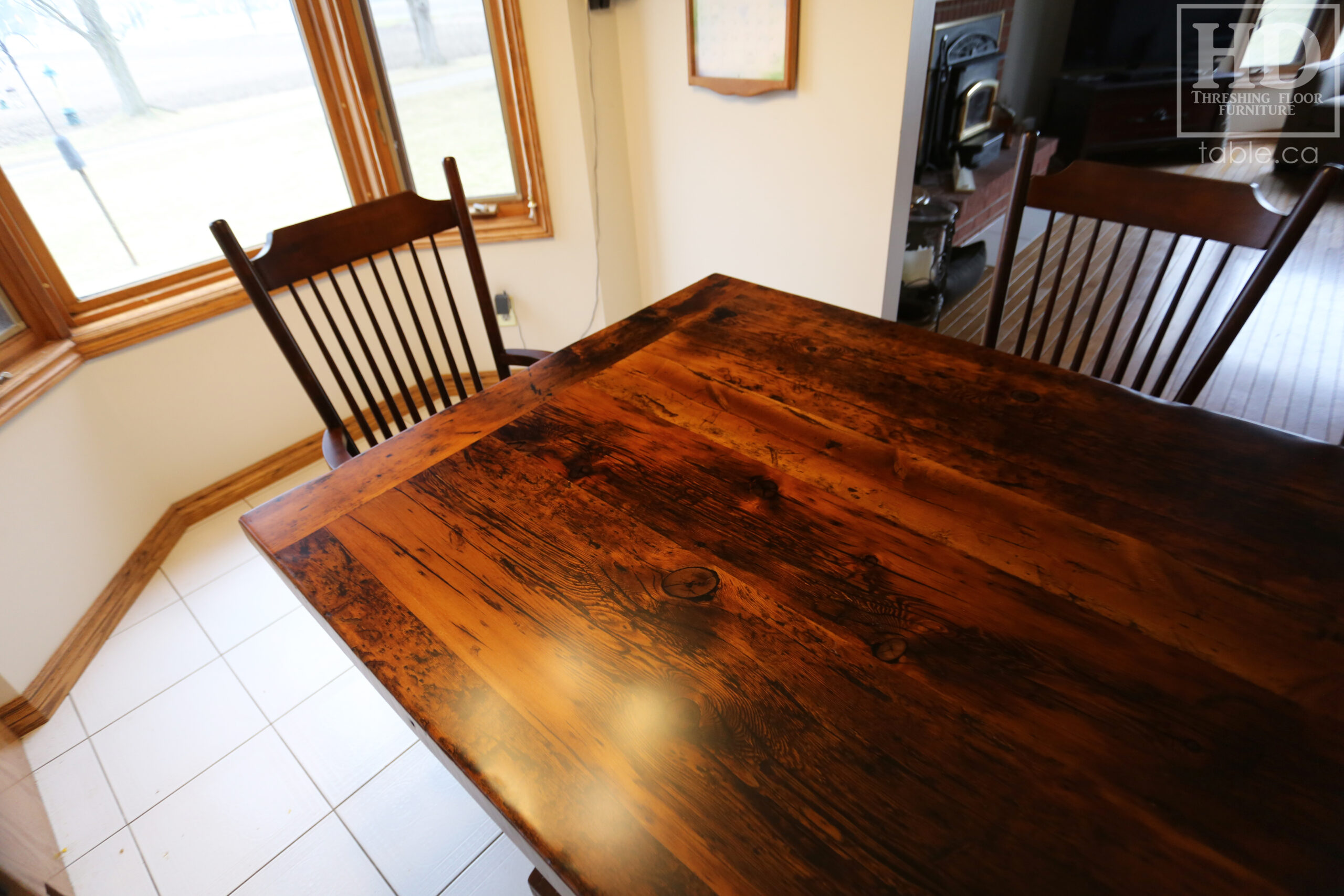 6’ Reclaimed Ontario Barnwood Table we made for a Guelph, Ontario home – 42” wide – Trestle Base - Old Growth Hemlock Threshing Floor Construction - Original edges & distressing maintained – Bread Edge Ends – Premium epoxy + satin polyurethane finish – Wormy Maple Buckhorn Chairs - www.table.ca