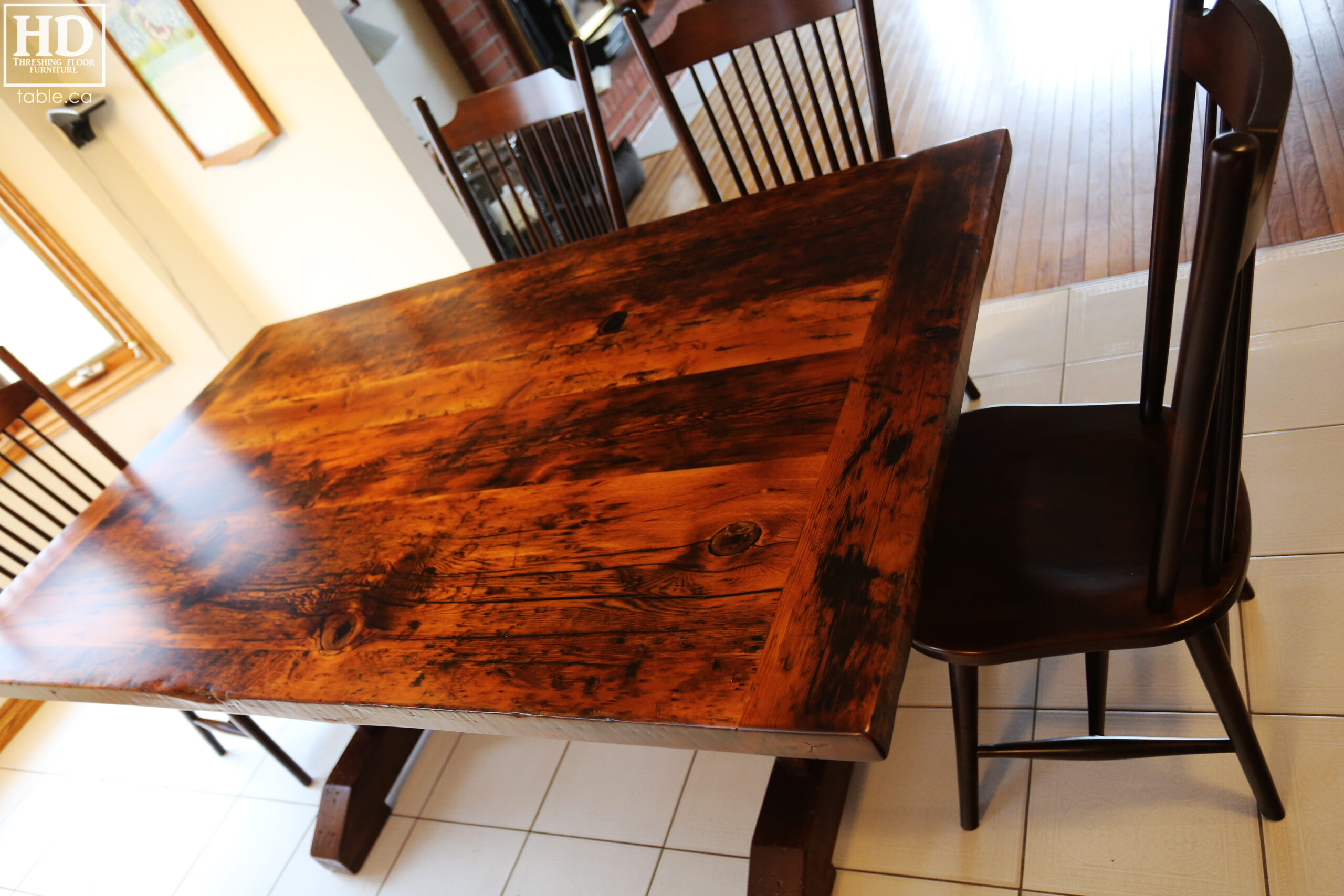 6’ Reclaimed Ontario Barnwood Table we made for a Guelph, Ontario home – 42” wide – Trestle Base - Old Growth Hemlock Threshing Floor Construction - Original edges & distressing maintained – Bread Edge Ends – Premium epoxy + satin polyurethane finish – Wormy Maple Buckhorn Chairs - www.table.ca