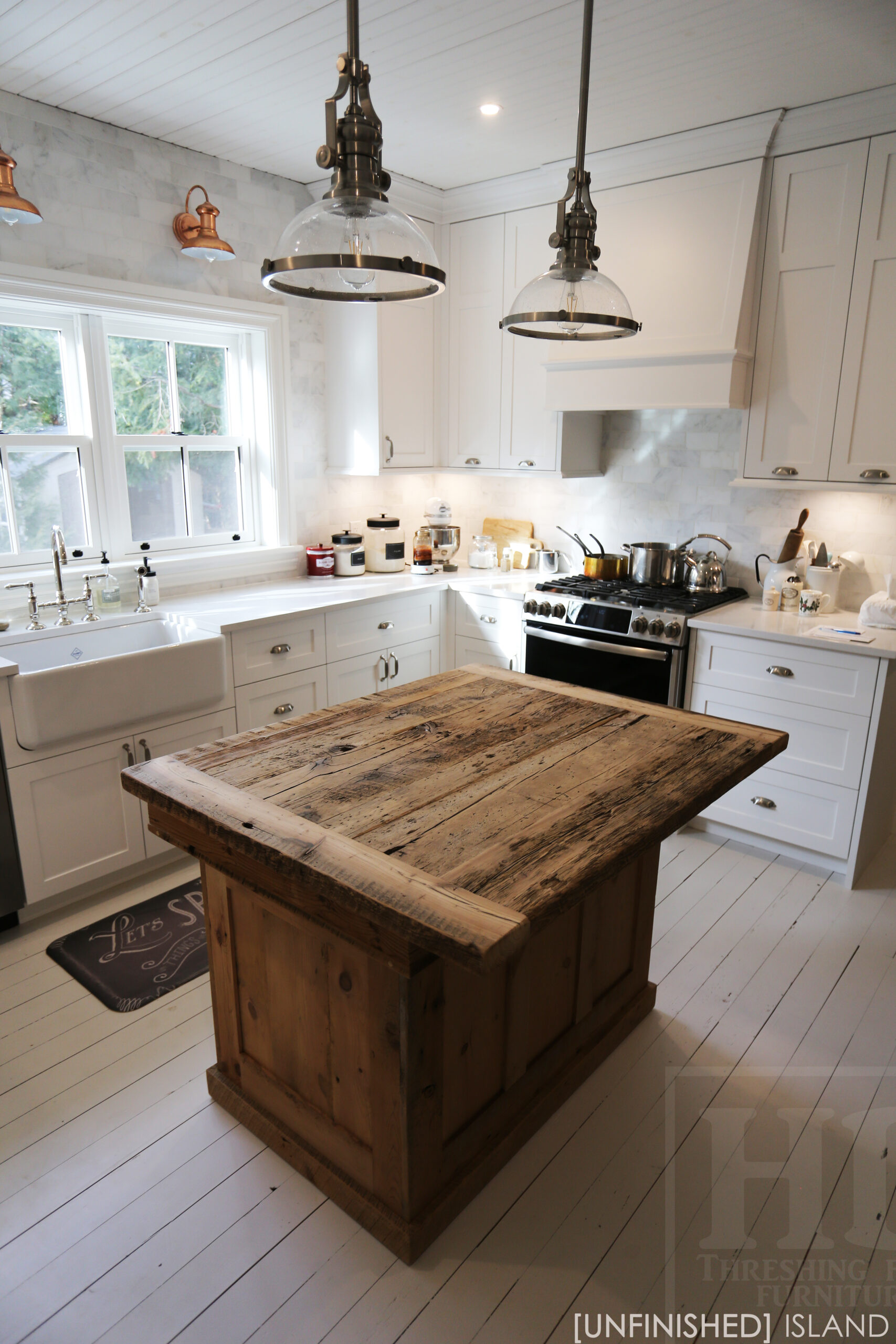 48” Reclaimed Ontario Barnwood Island we made for a Burlington, Ontario home – 39” wide – 2 Doors / 1 Drawer – Skirting - Old Growth Hemlock Threshing Floor & Grainery Board Construction - Original edges & distressing maintained – Bread Edge Ends – Unfinished - www.table.ca